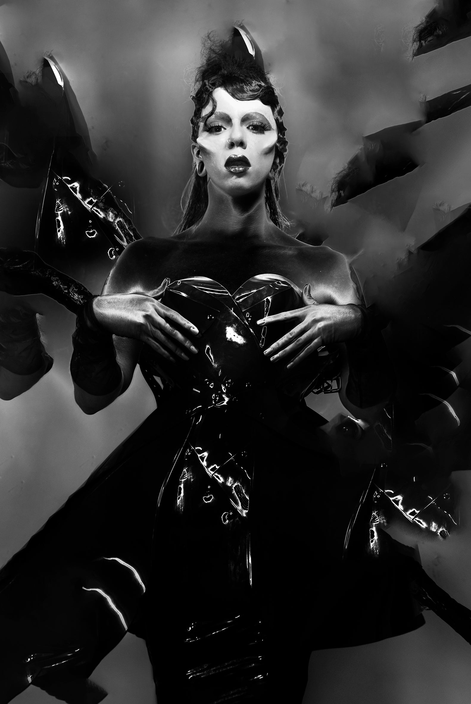 Aja wearing Jivomir Domoustchiev black sculpture dress