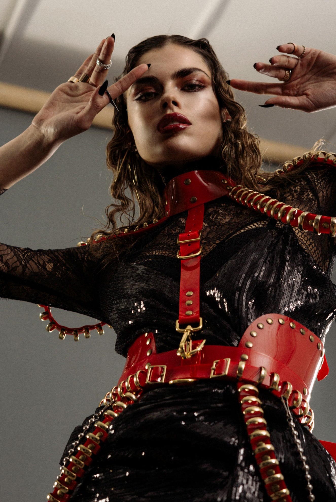 L'Officiel Au x Jivomir Domoustchiev multi ring harness vegan vinyl dress