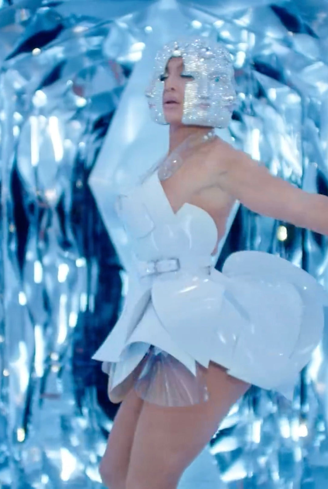 JLo Jeniifer Lopez Medicine wearing Jivomir Domoustchiev white vegan vinyl sculpture Dress