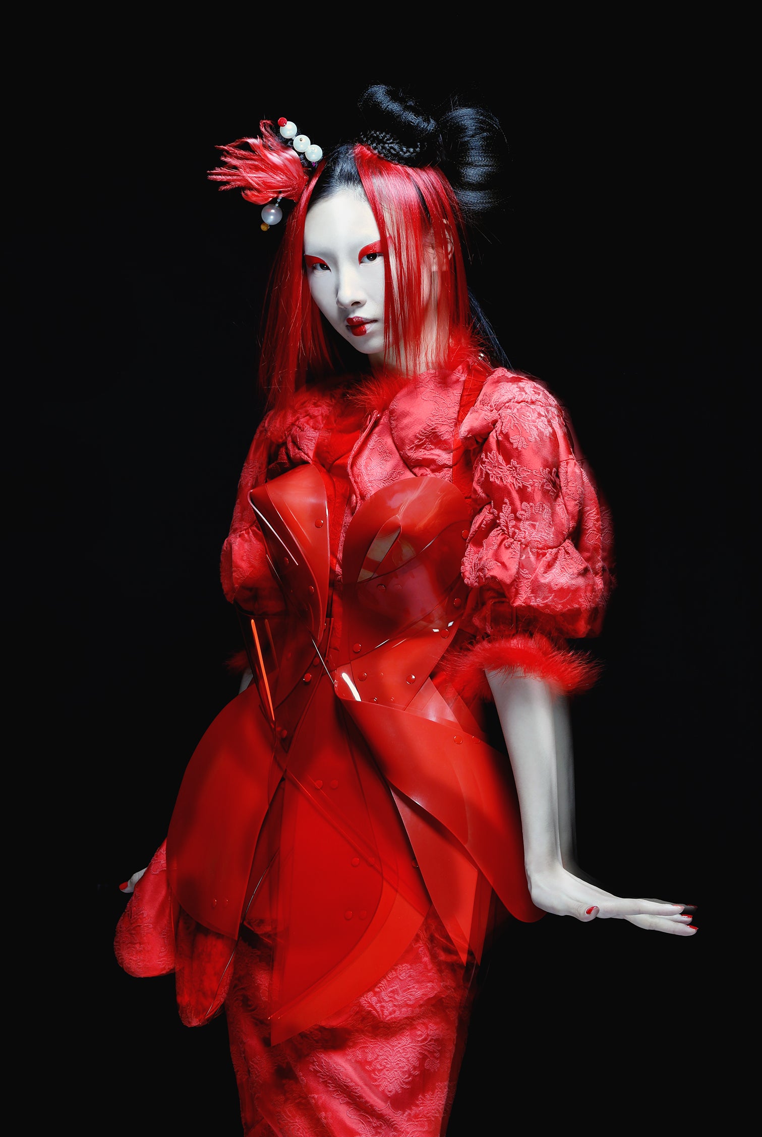 SCMP Style Magazine China x Jivomir Domoustchiev red vegan vinyl sculpture dress