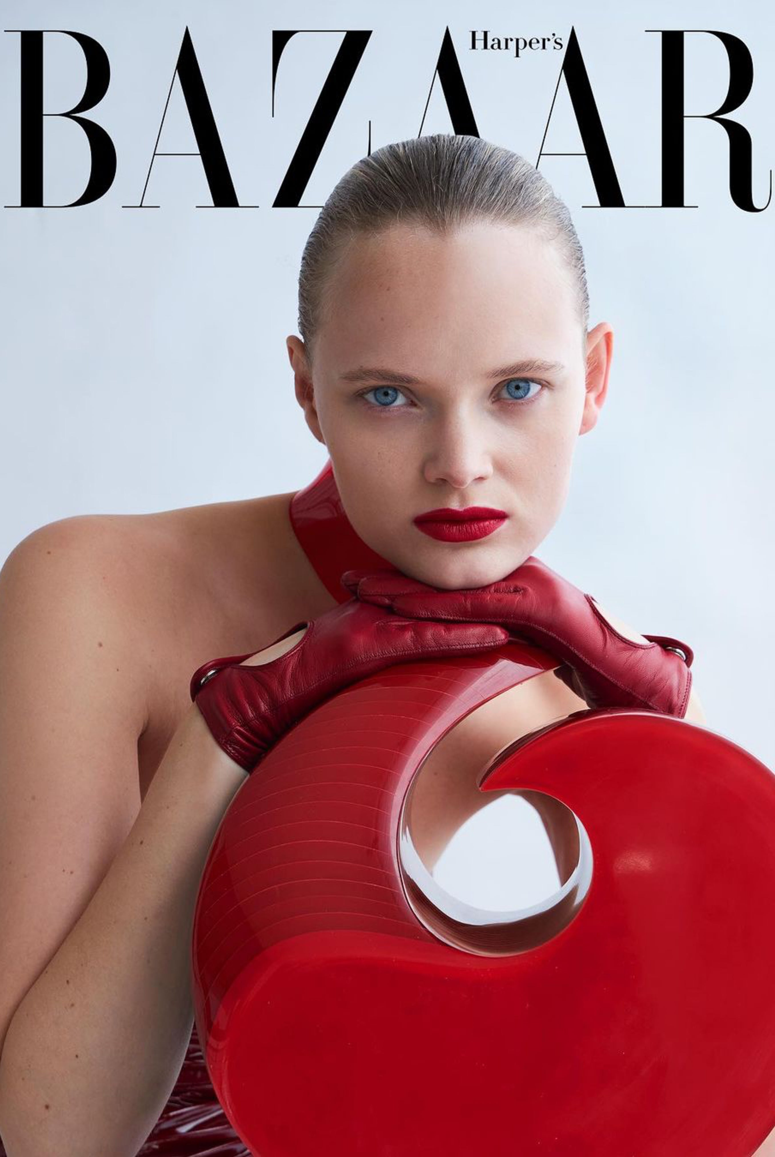 Cover of Harpers Bazaar featuring my Jivomir Domoustchiev vegan vinyl collar chocker