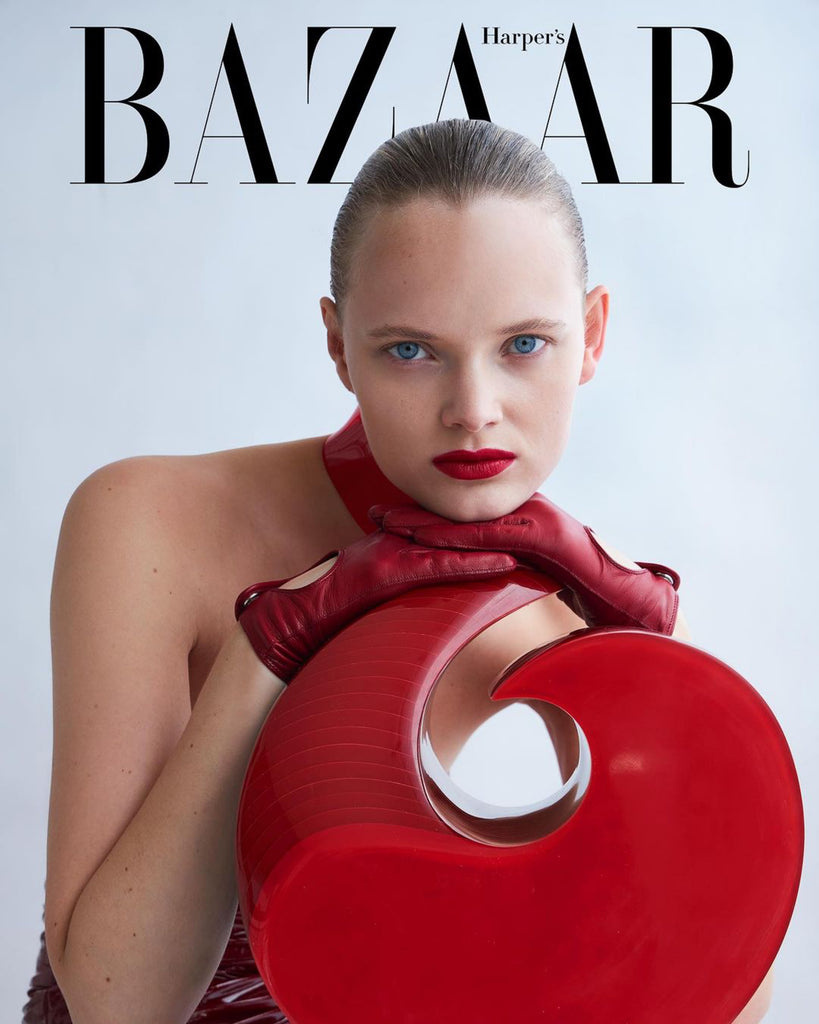 Cover of Harpers Bazaar featuring my Jivomir Domoustchiev vegan vinyl collar chocker