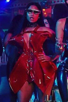 Nicki Minaj 'NoFrauds' video wearing custom Jivomir Domoustchiev Red Dress