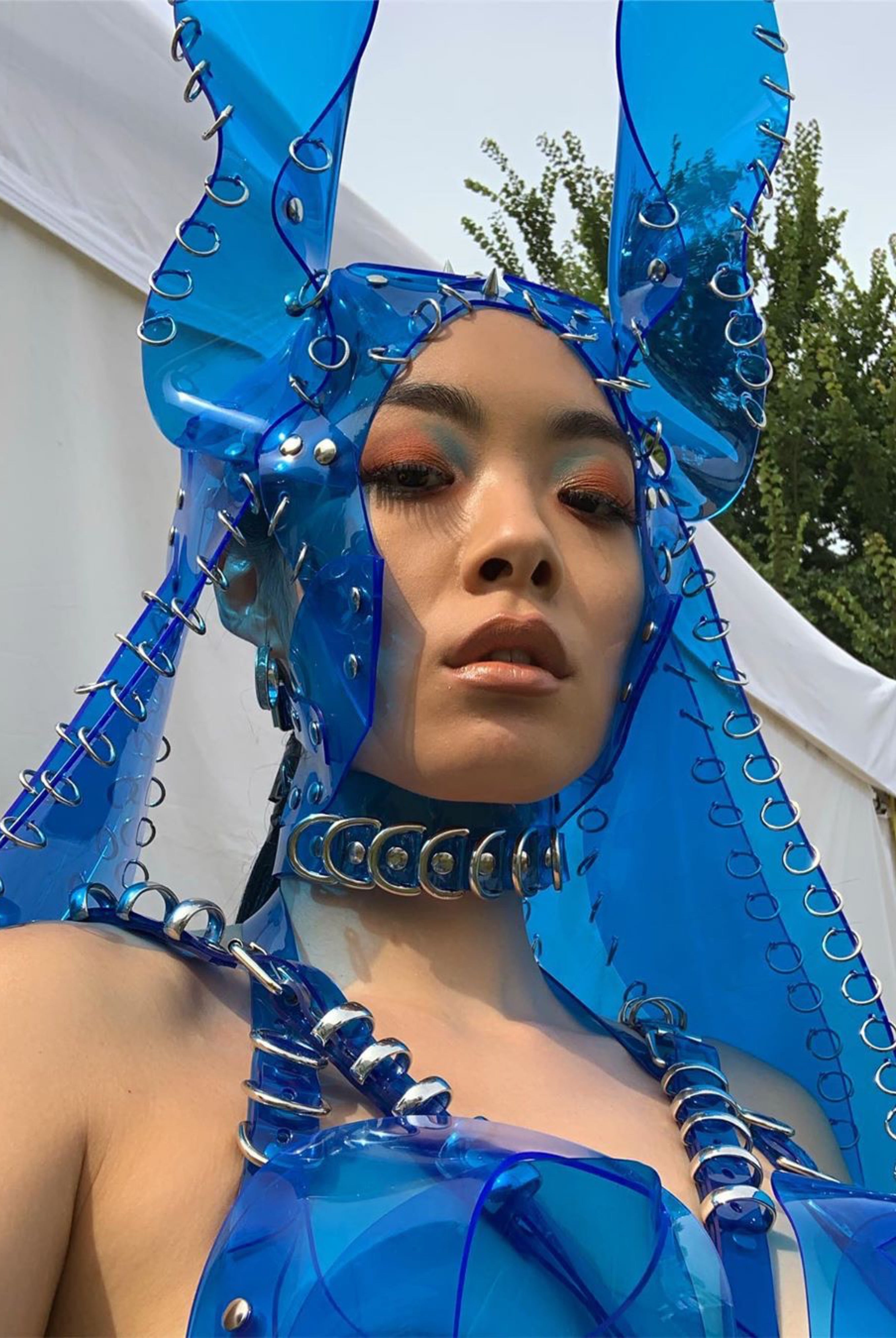 Rina Sawayama wears Jivomir Domoustchiev custom clear blue look for Brighton Pride
