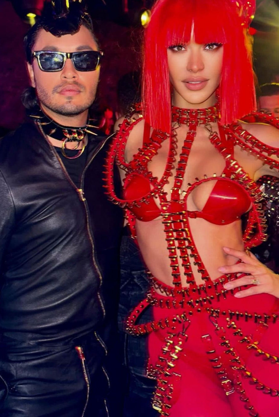 Leila Ben Khalifa wearing custom ATÉLIER JIVOMIR red Mini Ring Cage Dress in Soho New York