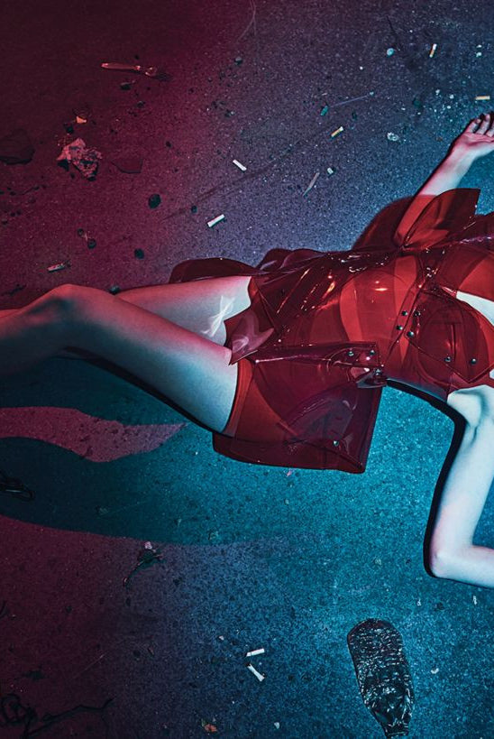 Elle Fanning Wearing Custom Jivomir Domoustchiev  transparent red sculpture dress V Magazine Styled by Patti Wilson photographed by Steven Klein Neon Demon film feature