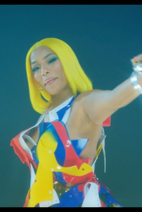 Steff London wearing Jivomir Domoustchiev Reimagineeverything dress