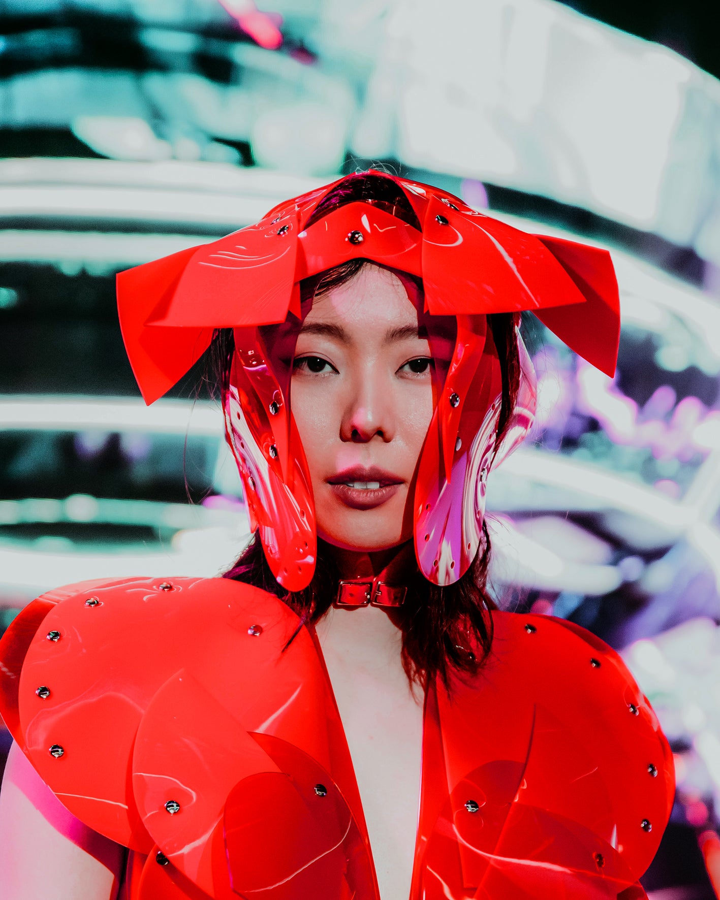 Atélier JIVOMIR vegan vinyl hand crafted helmet studded made to order pure fashion kink future cosplay  craft worldwide shipping must have fashion accessory