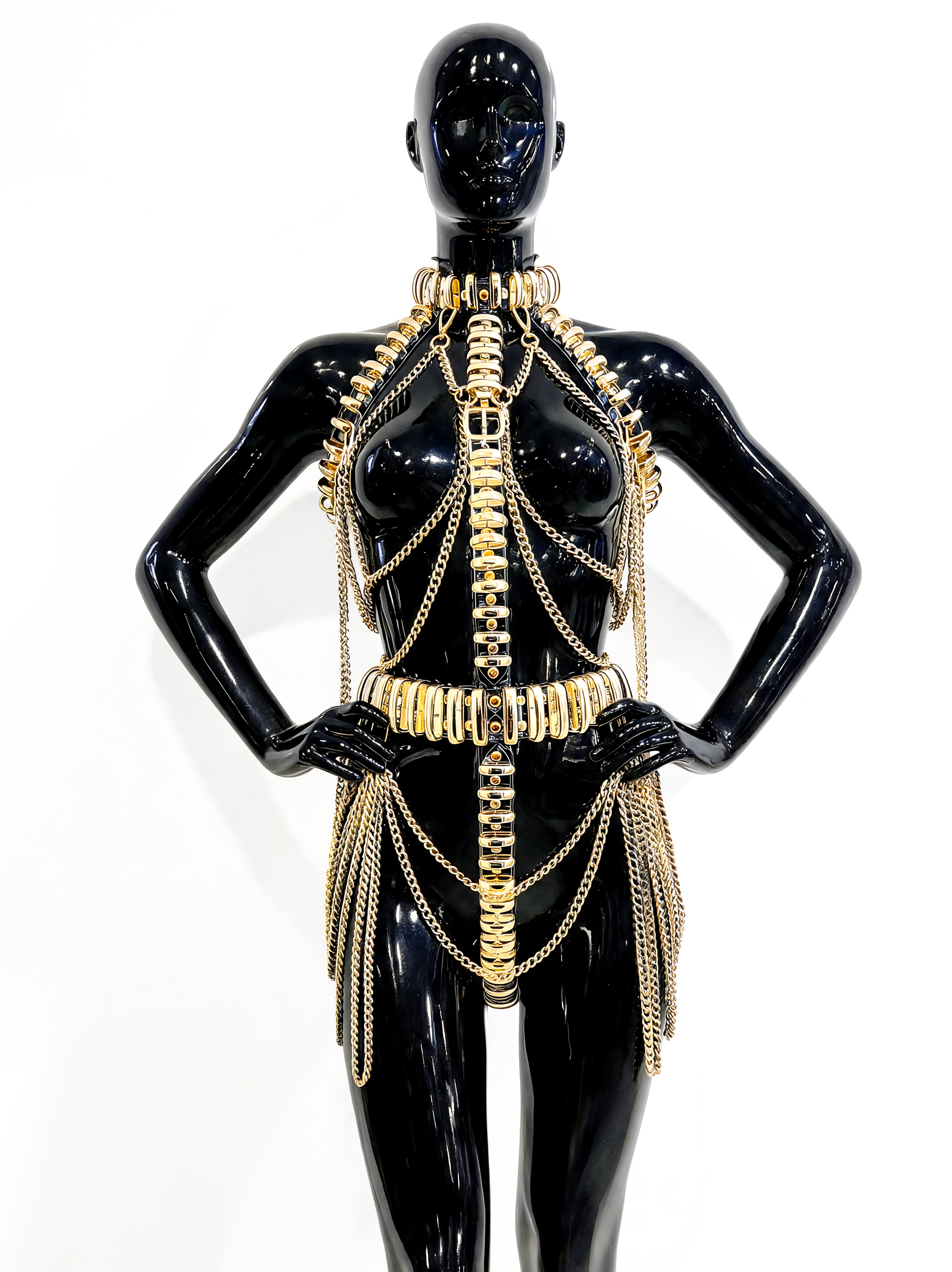 ATÉLIER JIVOMIR CRAZY MULTI CHAIN RING HARNESS DRESS IN CLEAR VINY AND GOLD