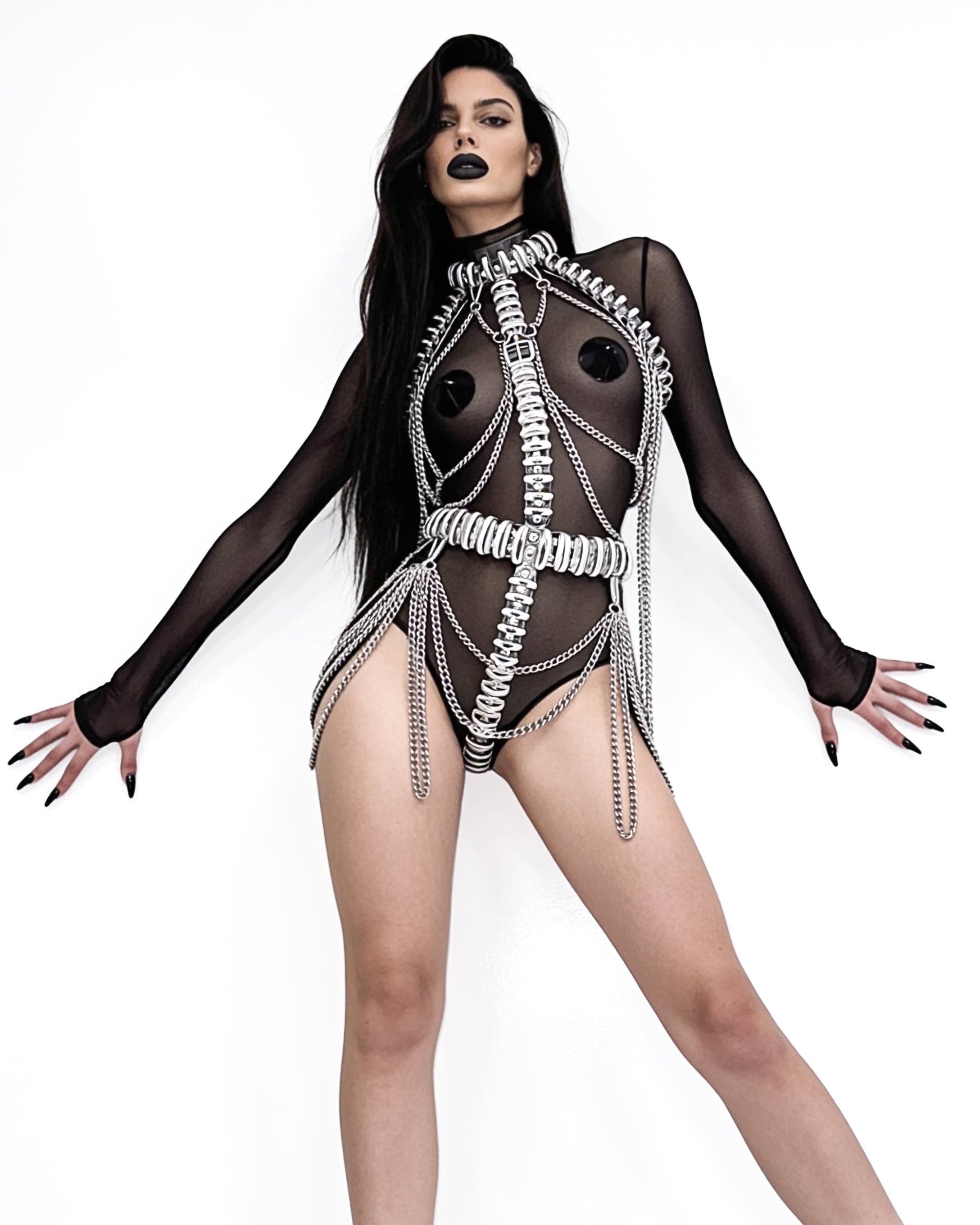 ATÉLIER JIVOMIR CRAZY MULTI CHAIN RING HARNESS DRESS IN CLEAR VINY AND GOLD