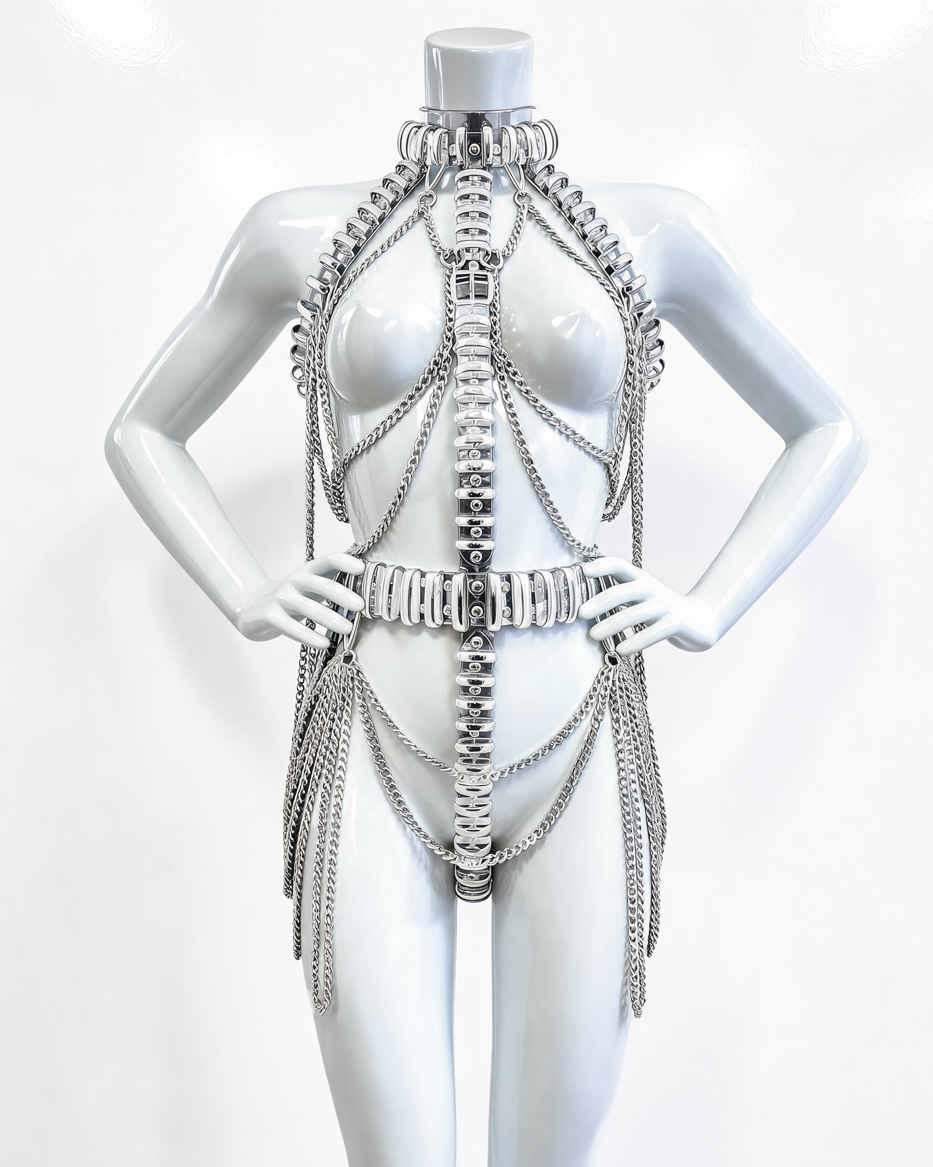 ATÉLIER JIVOMIR CRAZY MULTI CHAIN RING HARNESS DRESS IN CLEAR VINY AND GOLD