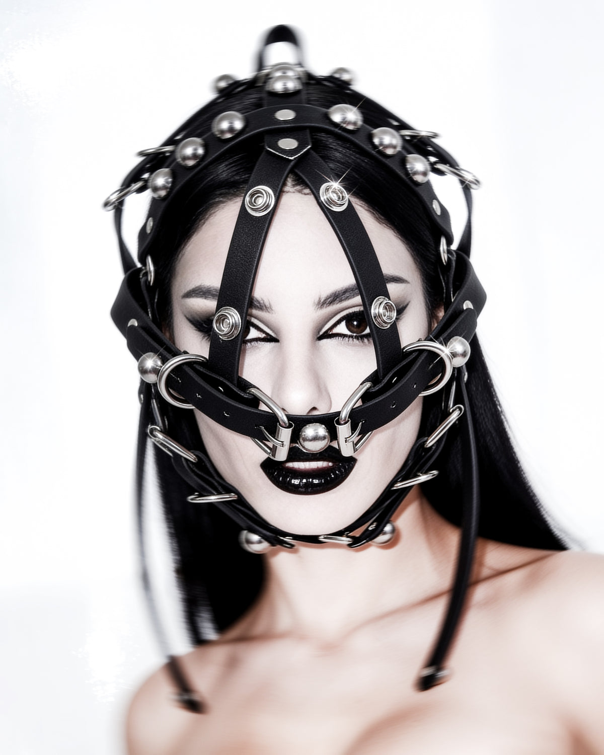 ATÉIER JIVOMIR MASK HEADPIECE FACE HARNESS STUDED LUXURY FASHION KINK ACCESSORY BLACK STYLED ON GOTH MODEL