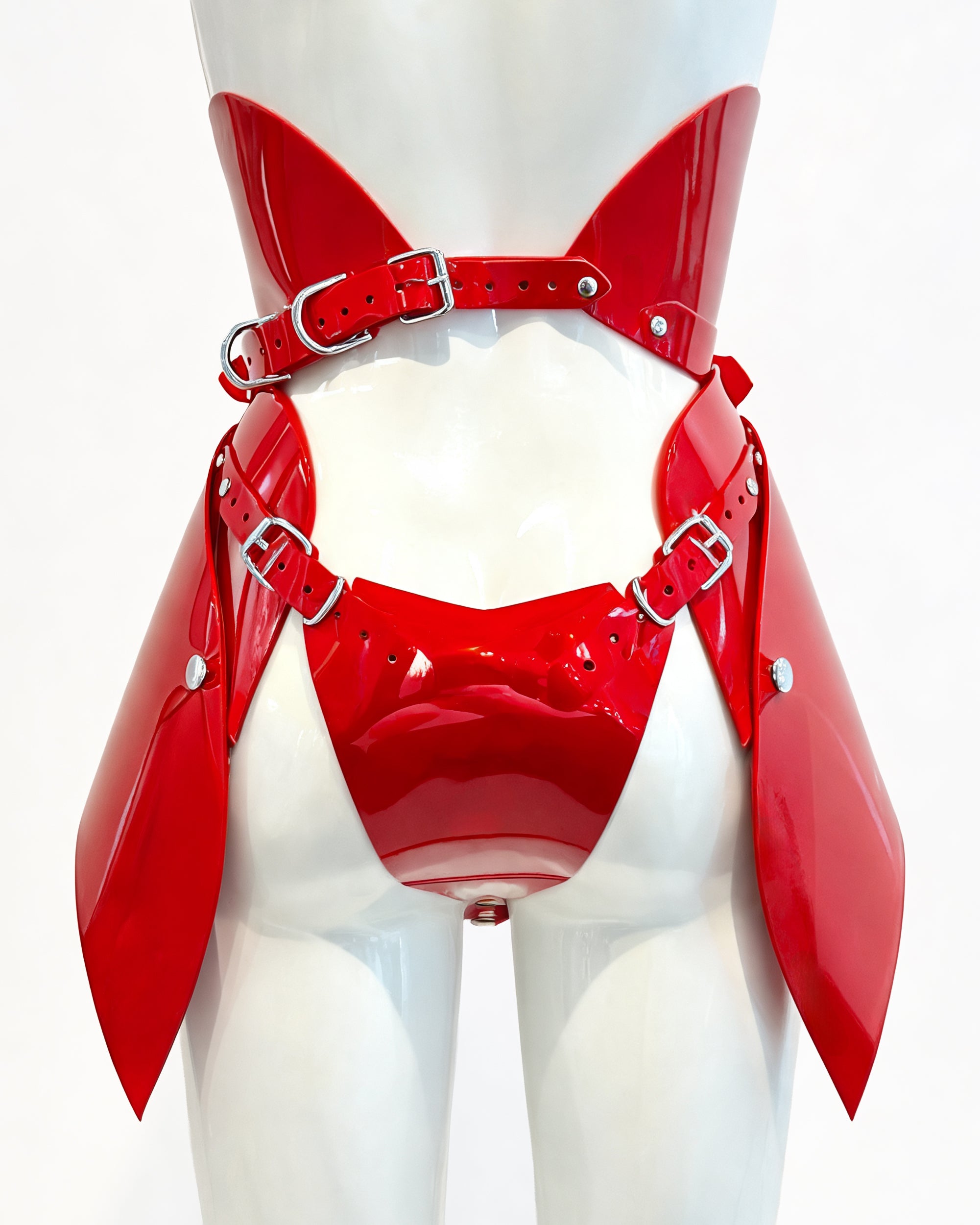 ATÉLIER JIVOMIR VEGAN VINYL HI WAISTED SCULPTURE LUXURY SKIRT RED BACK