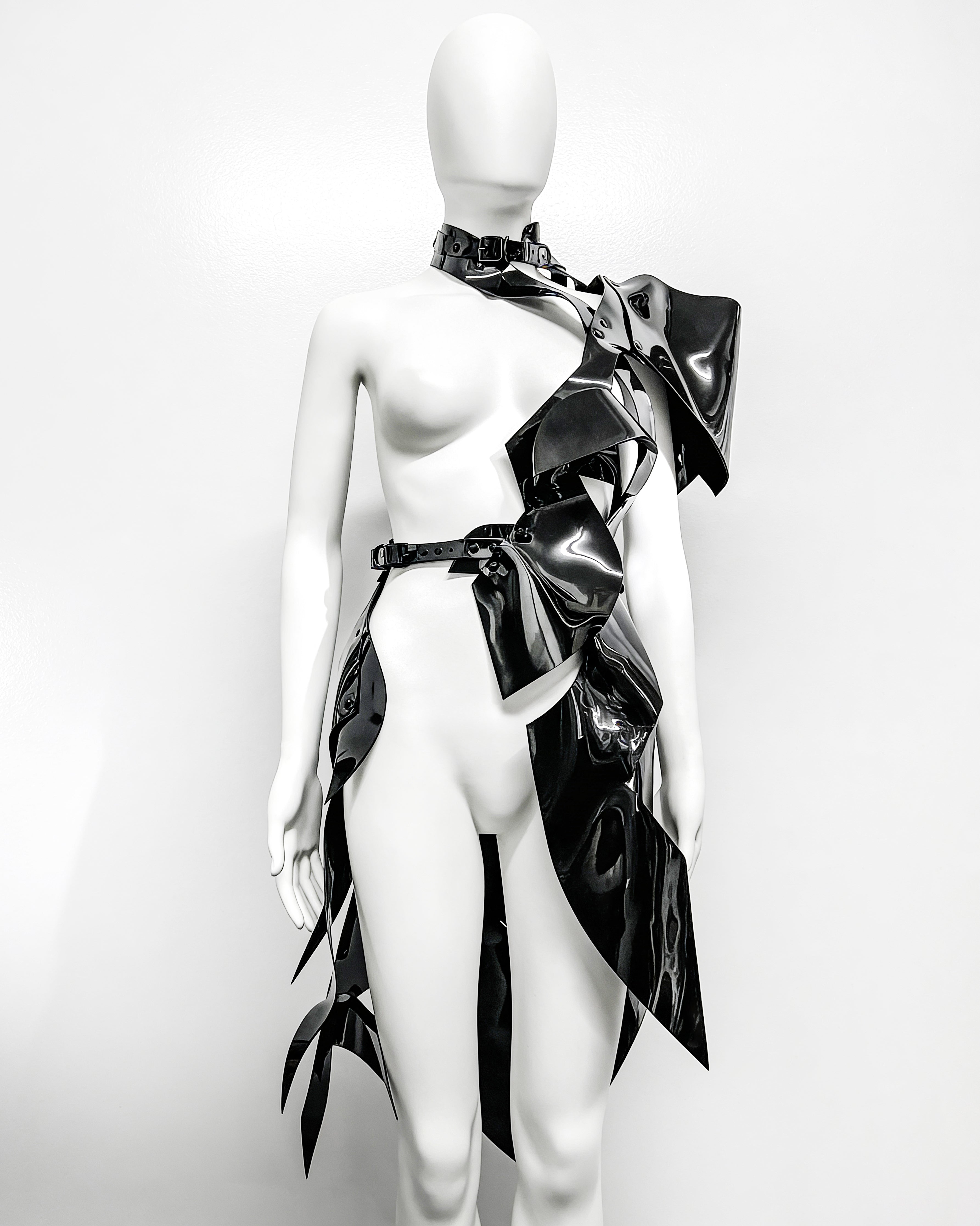 ATELIER JIVOMIR WHITE VINYL PVC Half sculpture dress luxury vegan future fashion