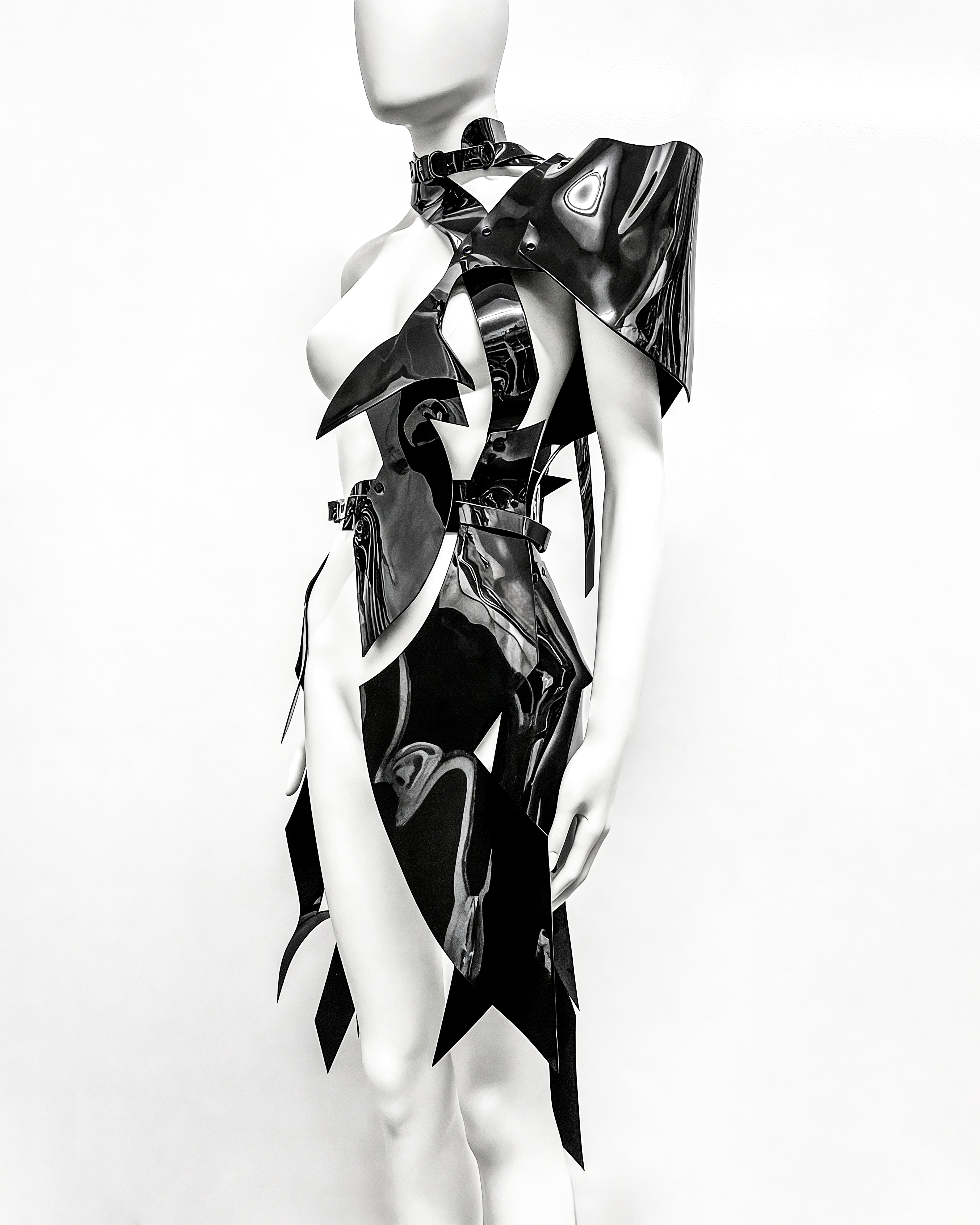 ATELIER JIVOMIR WHITE VINYL PVC Half sculpture dress luxury vegan future fashion