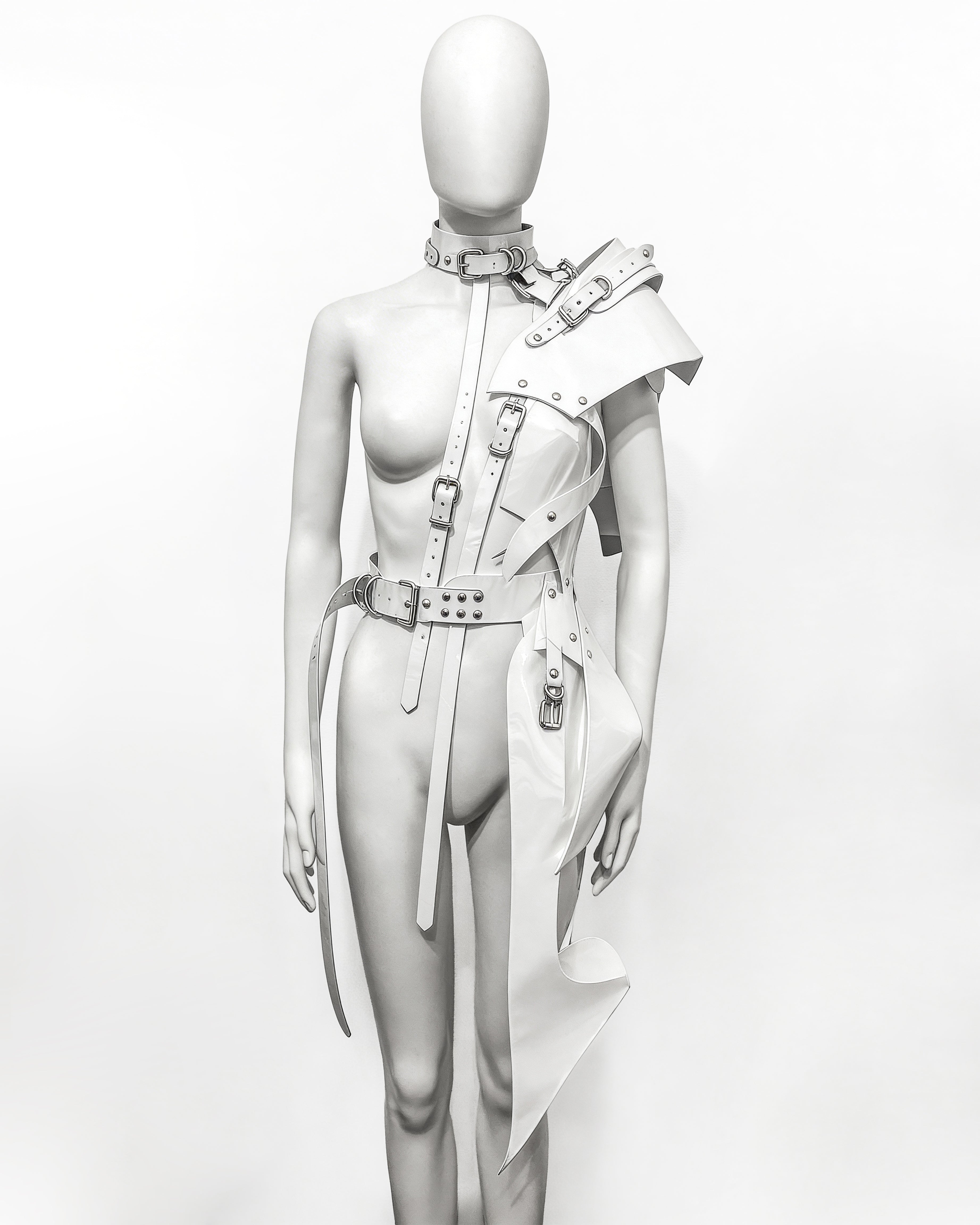 ATELIER JIVOMIR WHITE VINYL PVC Half sculpture dress luxury vegan future fashion