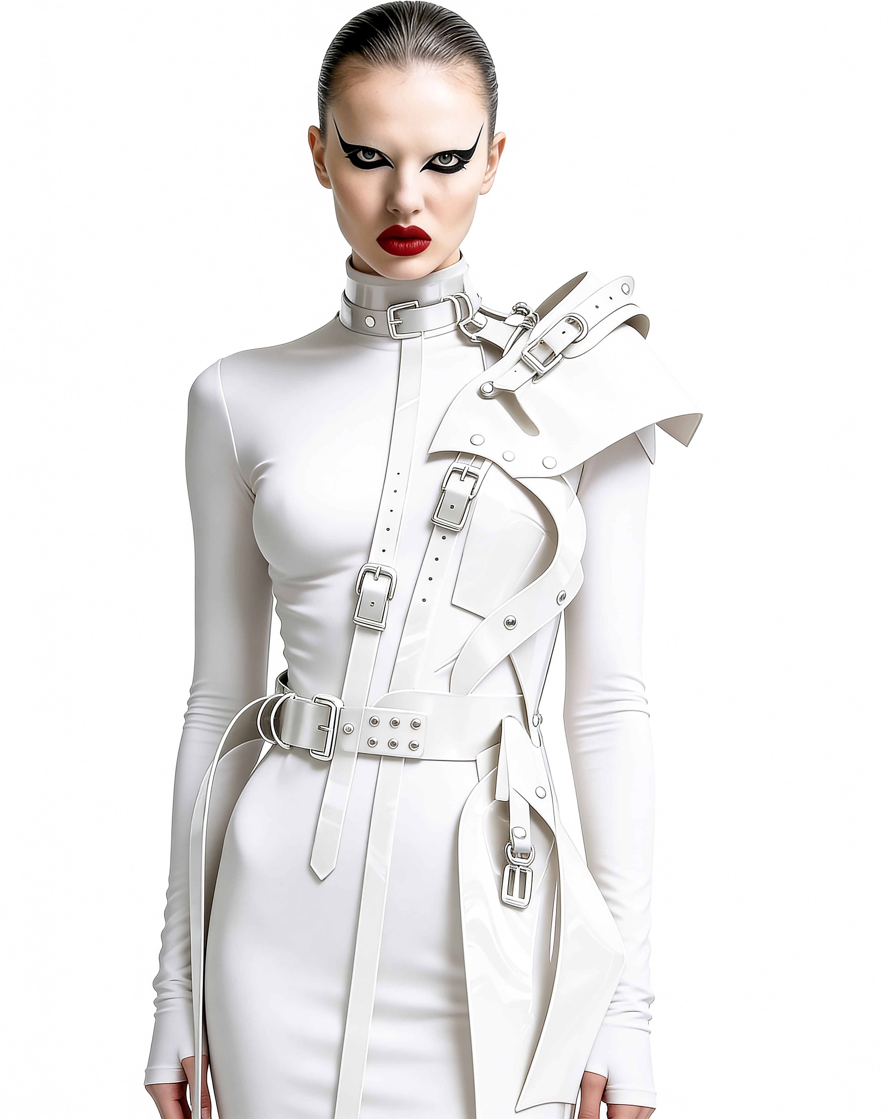 ATELIER JIVOMIR WHITE VINYL PVC Half sculpture dress luxury vegan future fashion