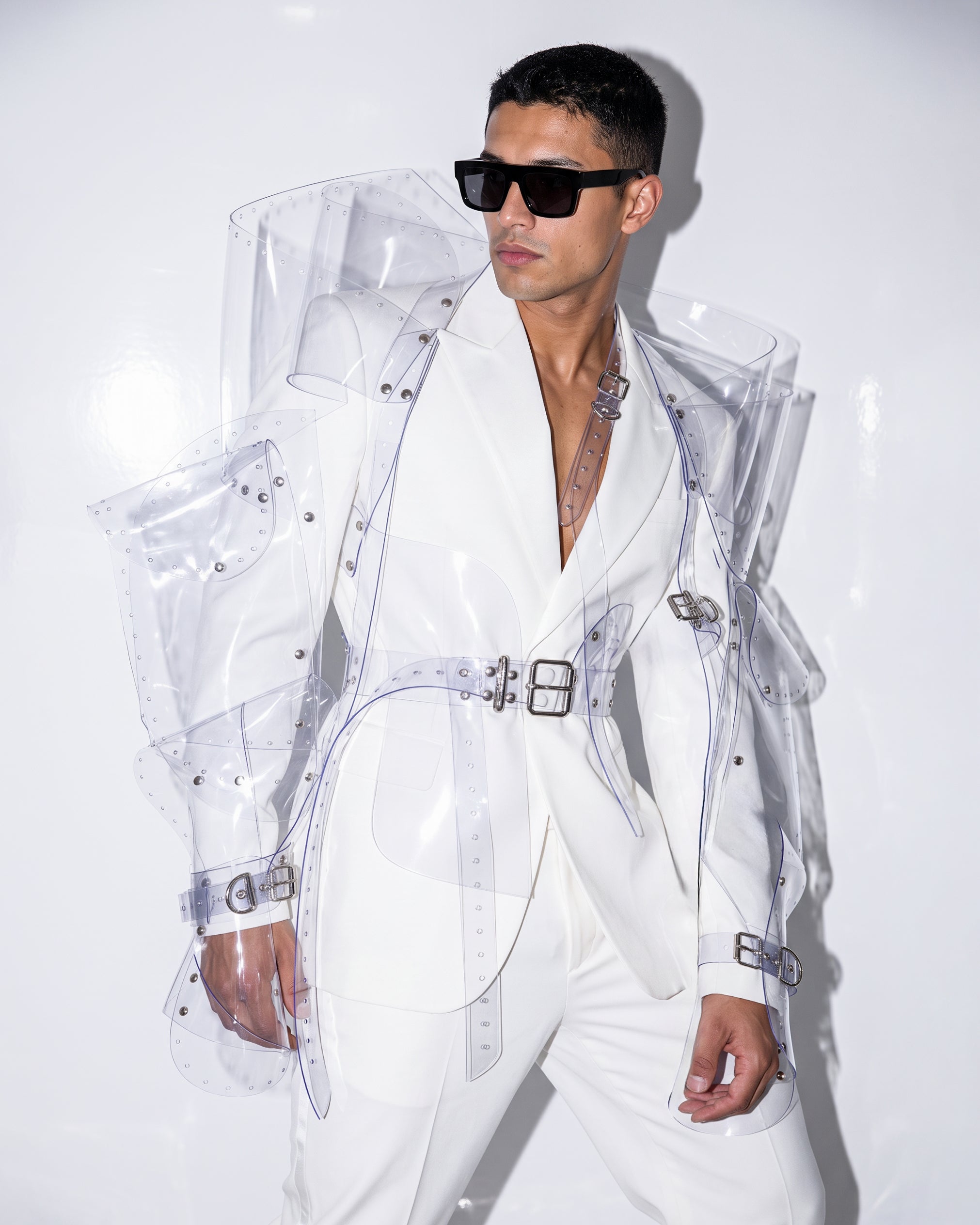 Asymmetric Sculpture Jacket ATÉLIER JIVOMIR VEGAN LUXURY HIGH FASHION AVANT GARDE ACCESSORY COUTURE TAILORING CLEAR TRANSPARENT