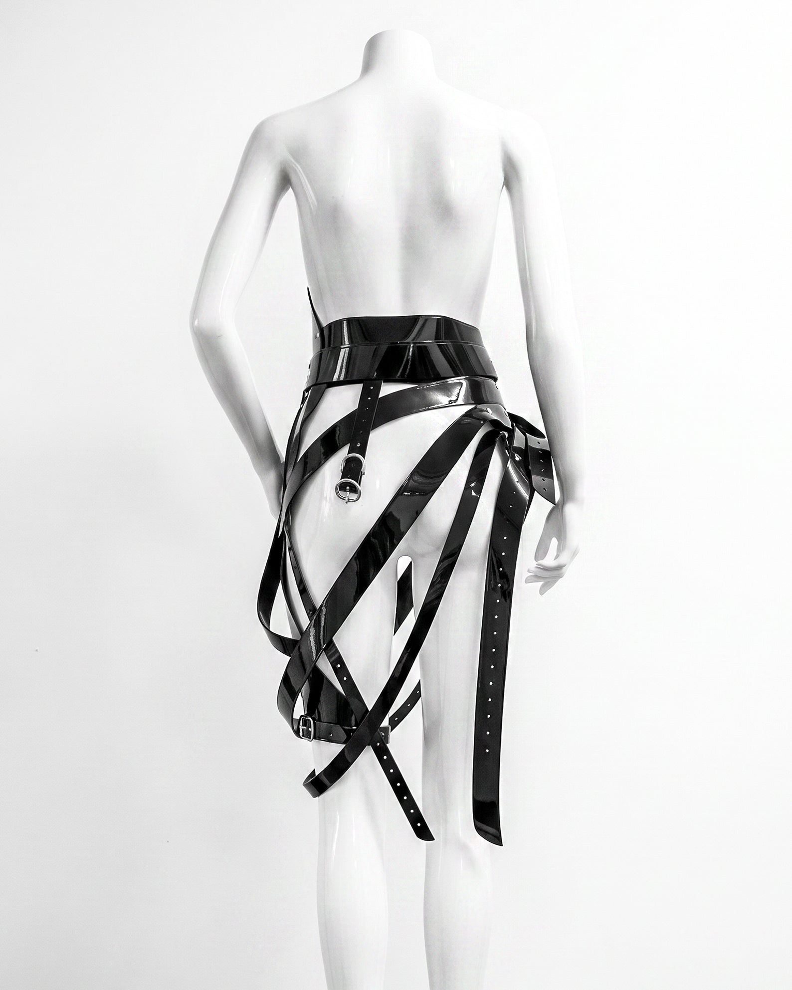 Multi buckle vinyl belt by ATÉLIER JIVOMIR Adjustable accessory with chrome hardware Luxury fashion statement handcrafted BLACK