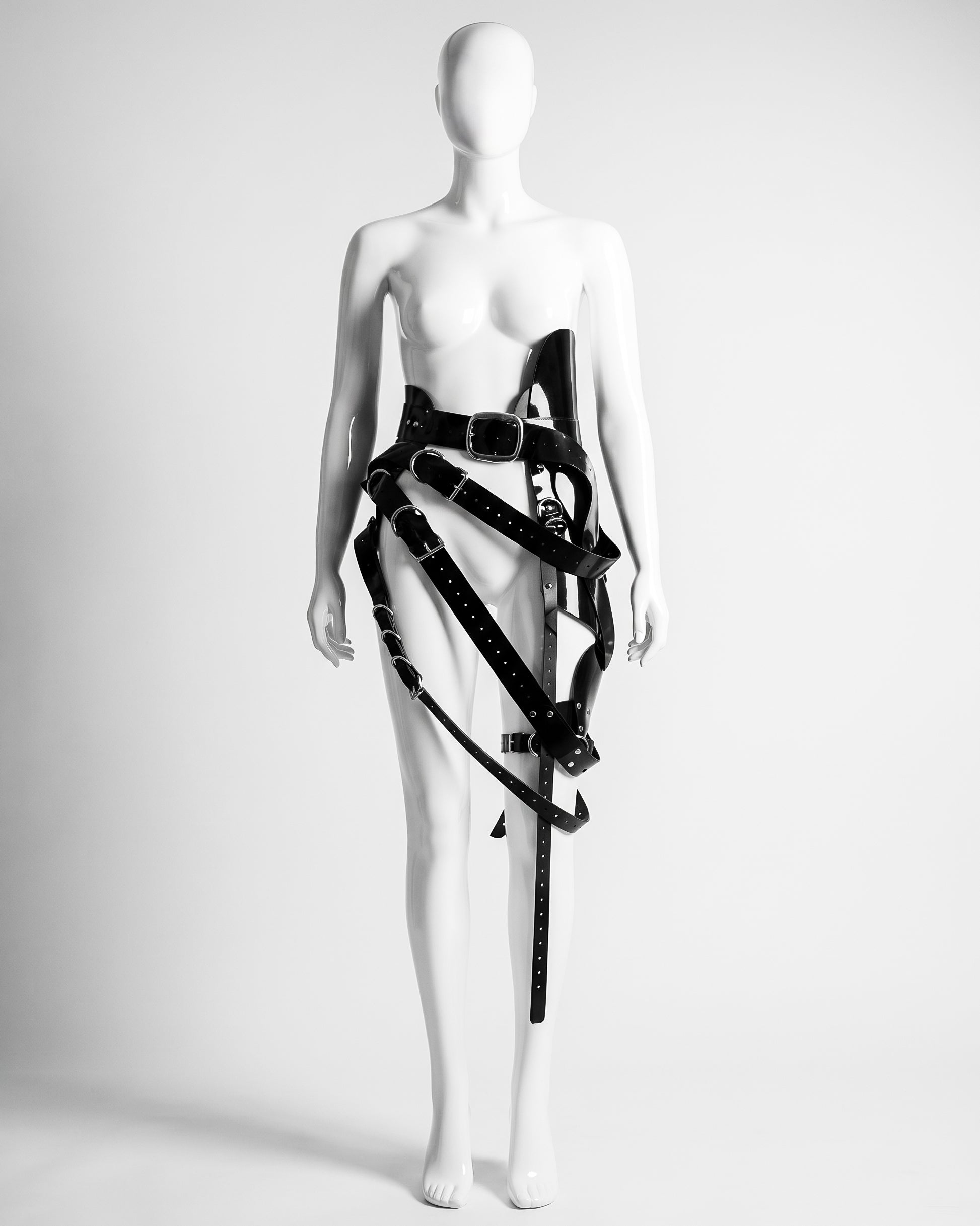 Multi buckle vinyl belt by ATÉLIER JIVOMIR Adjustable accessory with chrome hardware Luxury fashion statement handcrafted BLACK