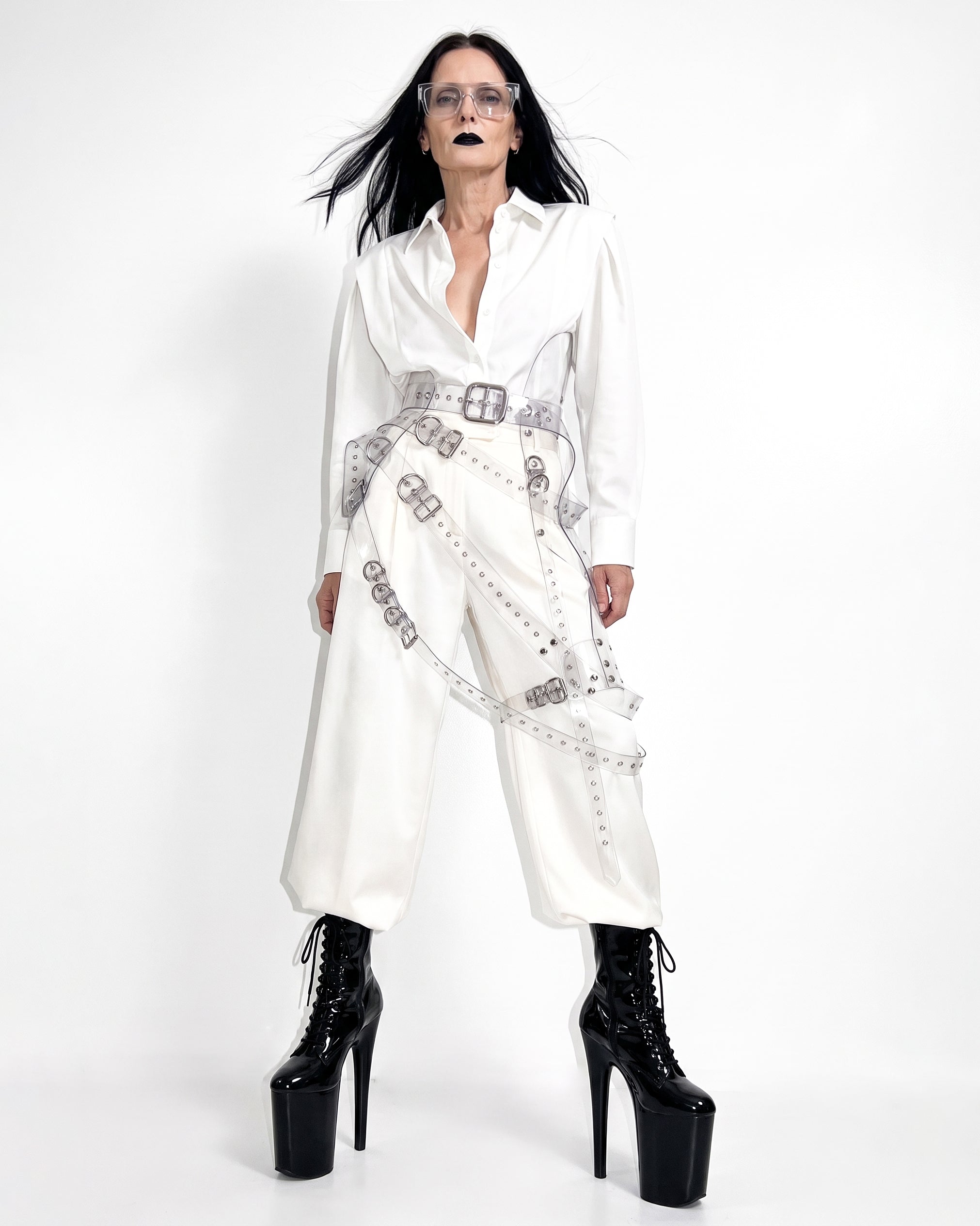Multi buckle vinyl belt by ATÉLIER JIVOMIR Adjustable accessory with chrome hardware Luxury fashion statement handcrafted CLEAR