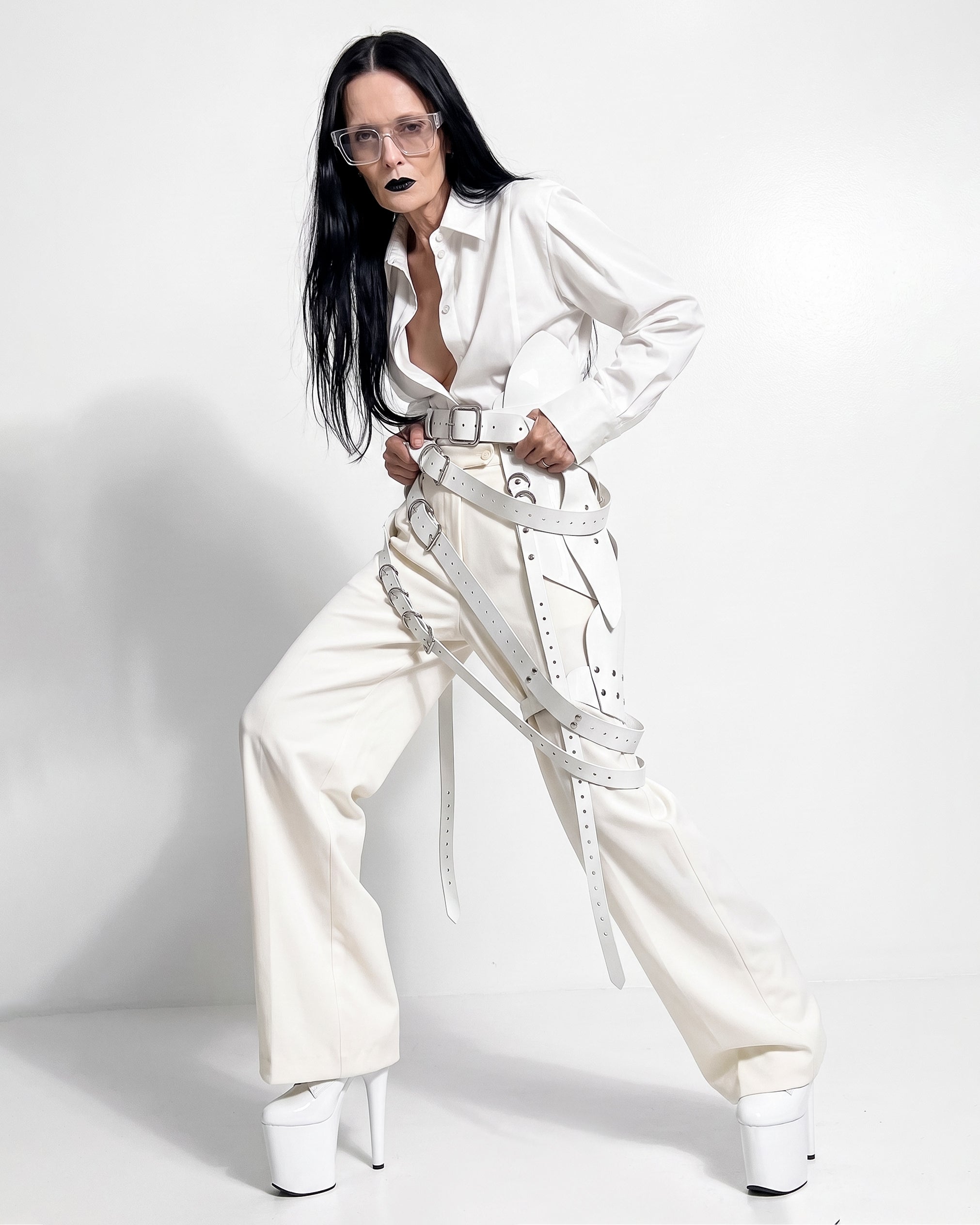 Multi buckle vinyl belt by ATÉLIER JIVOMIR Adjustable accessory with chrome hardware Luxury fashion statement handcrafted WHITE STYLED ON OLDER MODEL