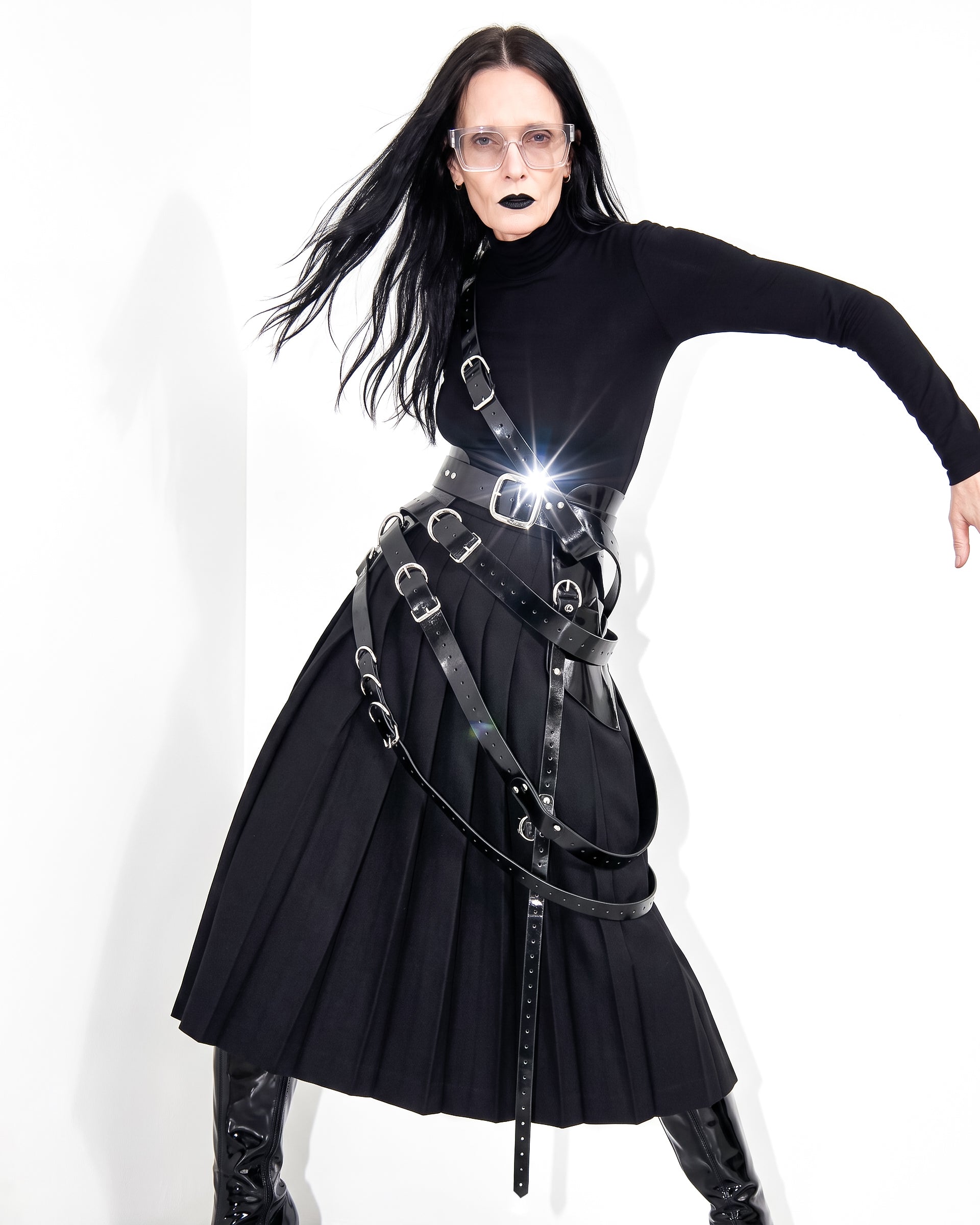 Multi buckle vinyl belt by ATÉLIER JIVOMIR Adjustable accessory with chrome hardware Luxury fashion statement handcrafted BLACK OVER KILT
