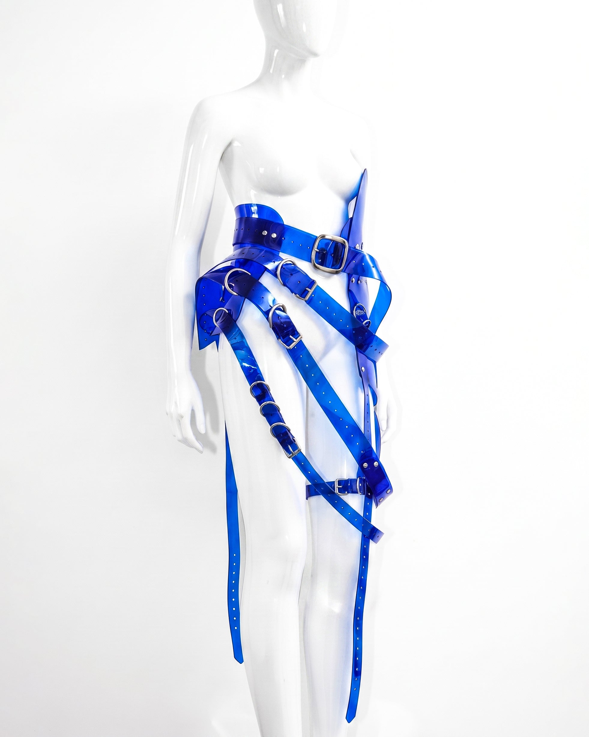 Multi buckle vinyl belt by ATÉLIER JIVOMIR Adjustable accessory with chrome hardware Luxury fashion statement handcrafted CLEAR BLUE