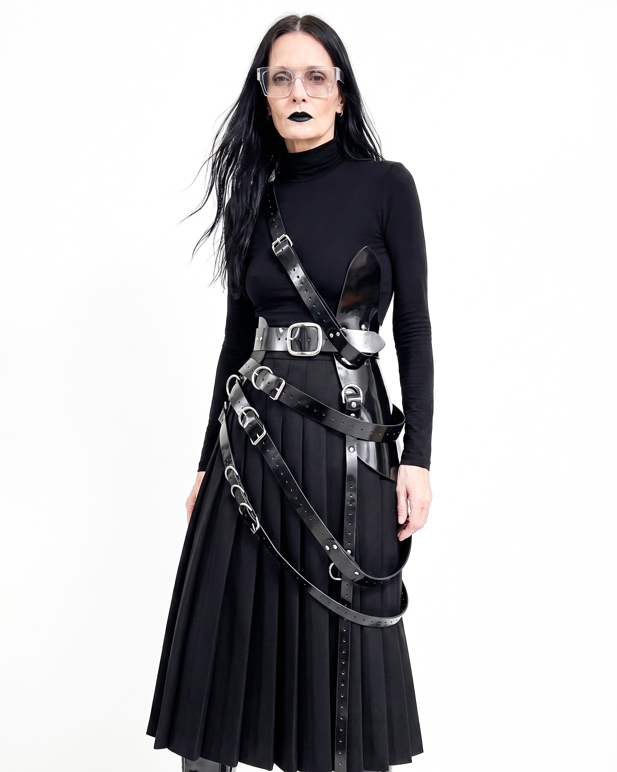 Multi buckle vinyl belt by ATÉLIER JIVOMIR Adjustable accessory with chrome hardware Luxury fashion statement handcrafted OVER KILT MODEL