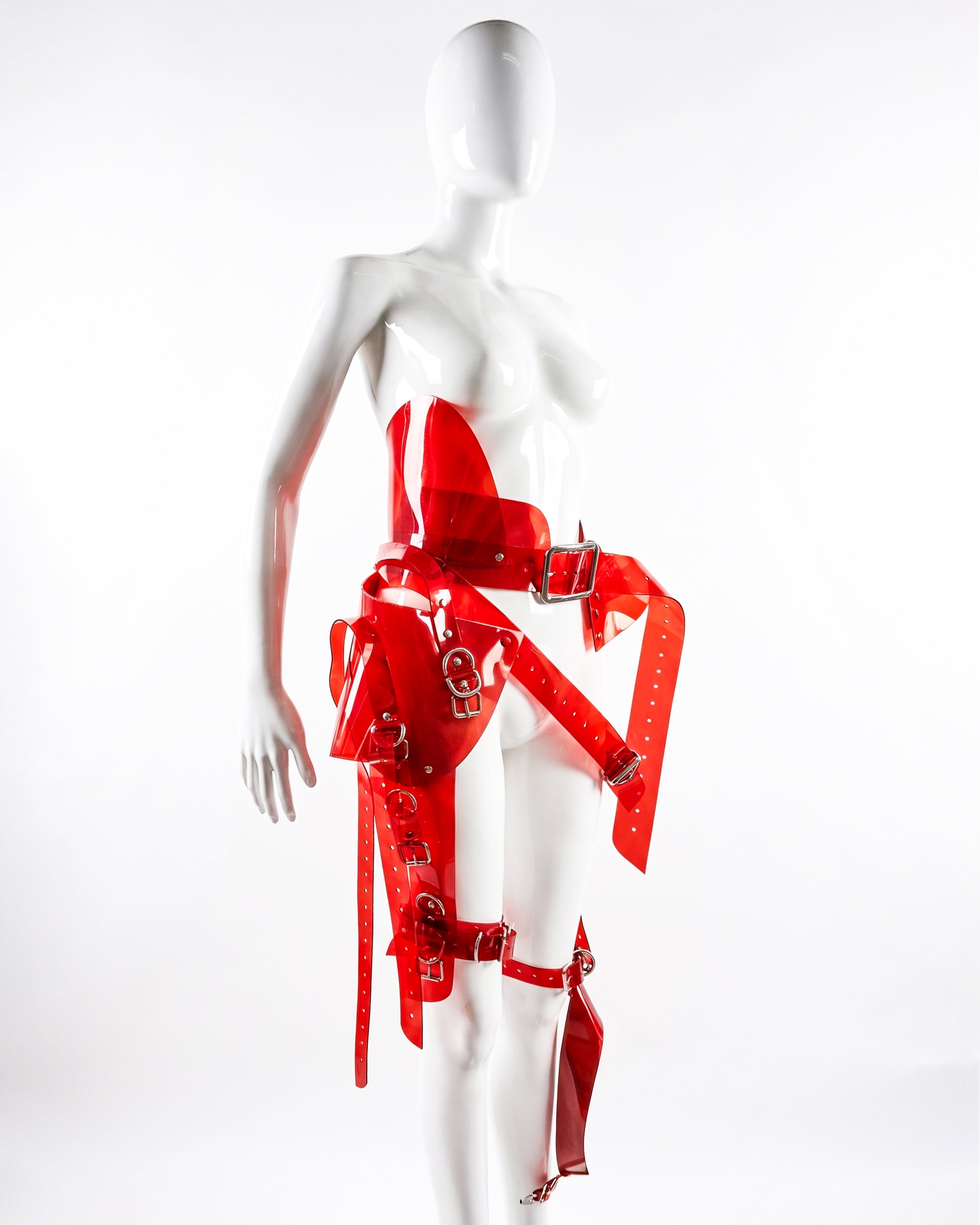 Multi buckle vinyl belt by ATÉLIER JIVOMIR Adjustable accessory with chrome hardware Luxury fashion statement handcrafted RED
