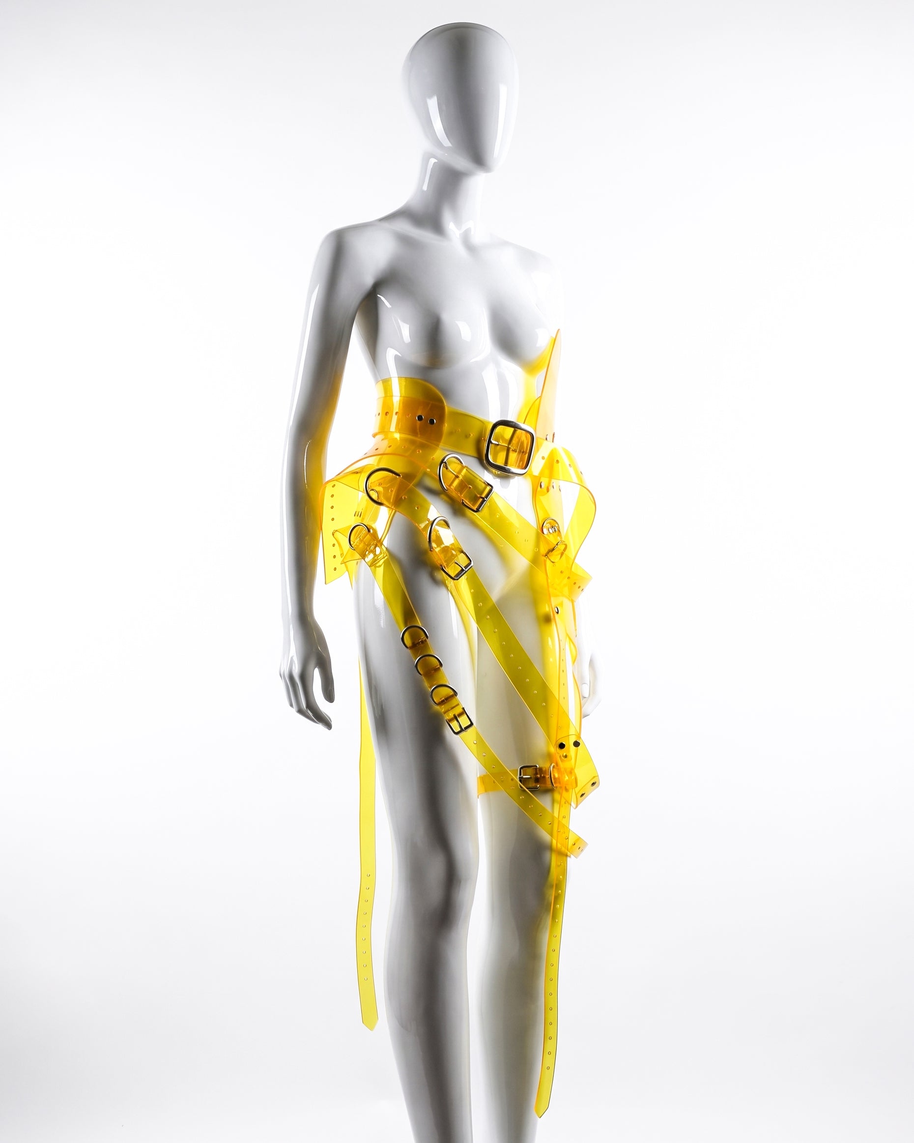Multi buckle vinyl belt by ATÉLIER JIVOMIR Adjustable accessory with chrome hardware Luxury fashion statement handcrafted TRANSPARENT YELLOW