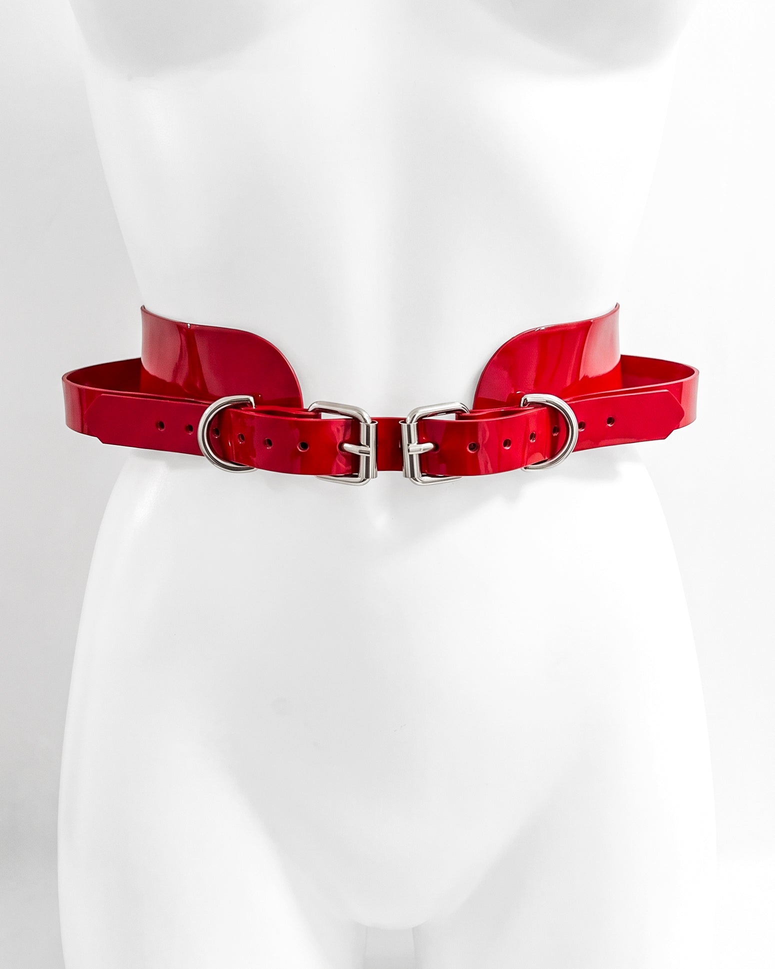 ATÉLIER JIVOMIR CAGE HIPSTER BELT LUXURY VEGAN VINYL FASHION ACCESSORY RED