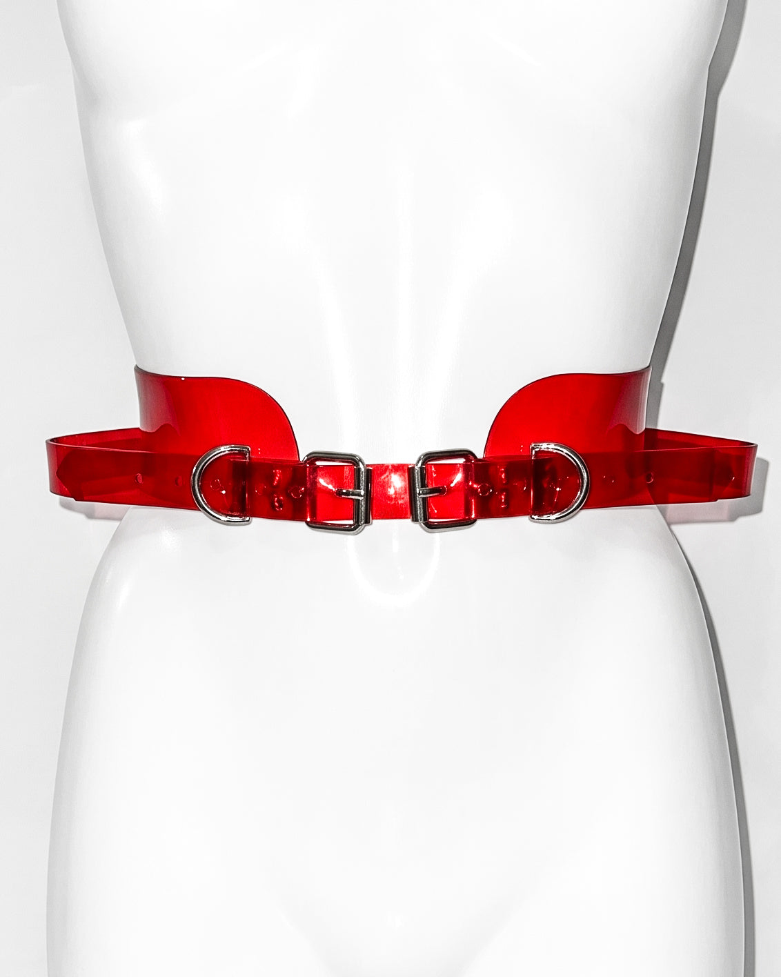 ATÉLIER JIVOMIR CAGE HIPSTER BELT LUXURY VEGAN VINYL FASHION ACCESSORY RED CLEAR