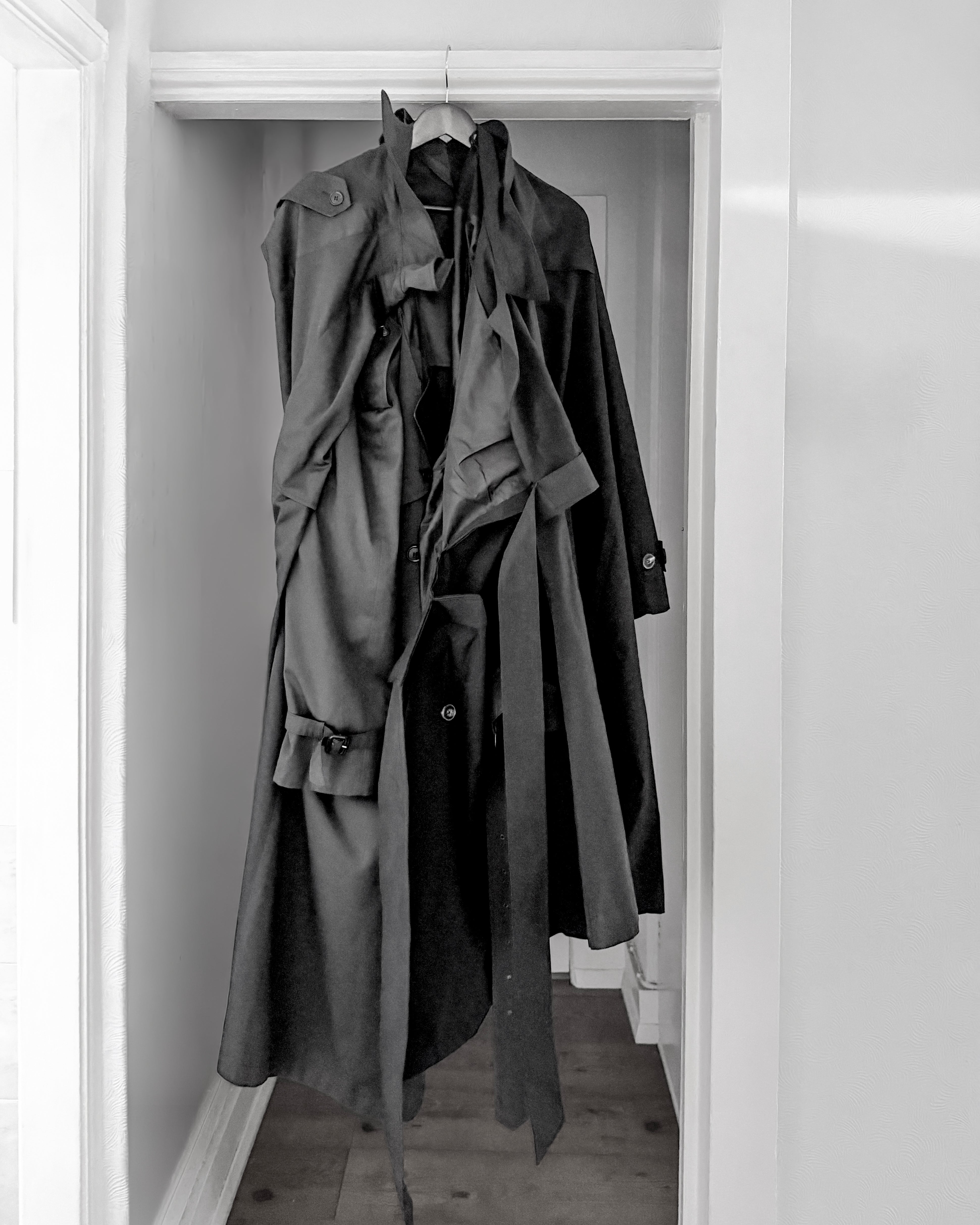ATELIER JIVOMIR ORIGIONAL DOUBLE TRENCH WEARABLE SCULPTURE TWO TONE REPURPOSEED LUXURY FASHION COAT