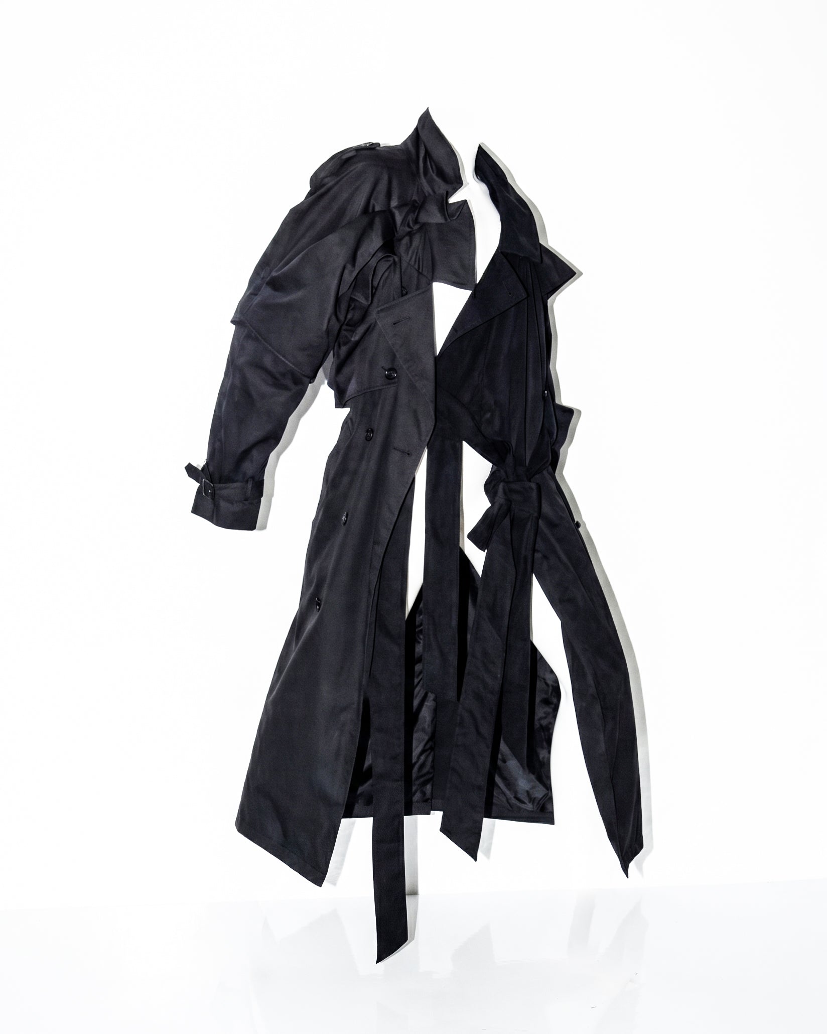 ATELIER JIVOMIR ORIGIONAL DOUBLE TRENCH WEARABLE SCULPTURE TWO TONE REPURPOSEED LUXURY FASHION COAT