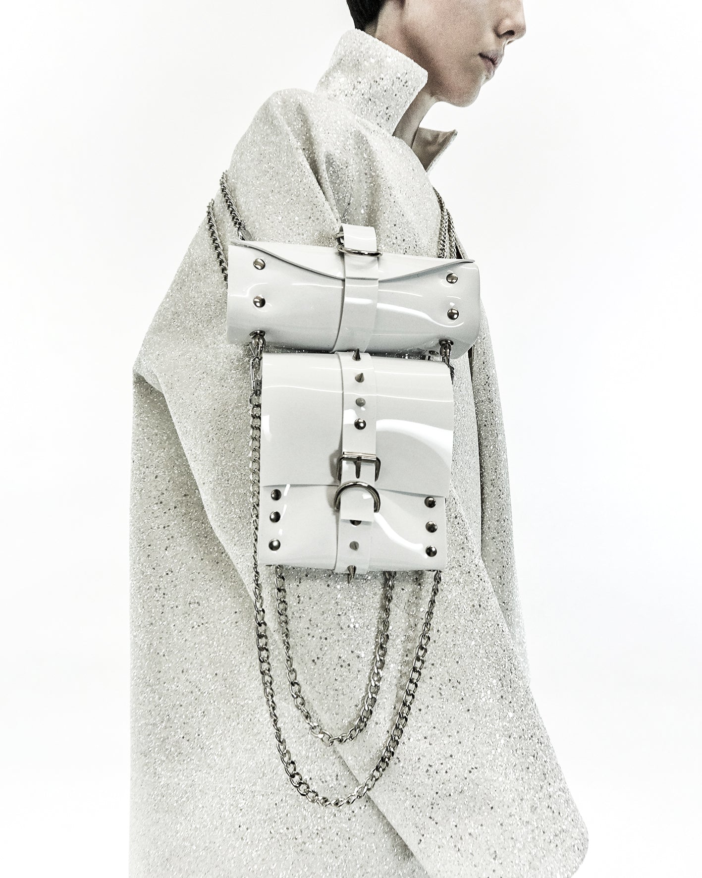 ATELIER JIVOMIR DREAM COLLECTOR HANDBAG PURSE LUXURY VEGAN VINYL PVC studded transparent clear white over glitter coat on model