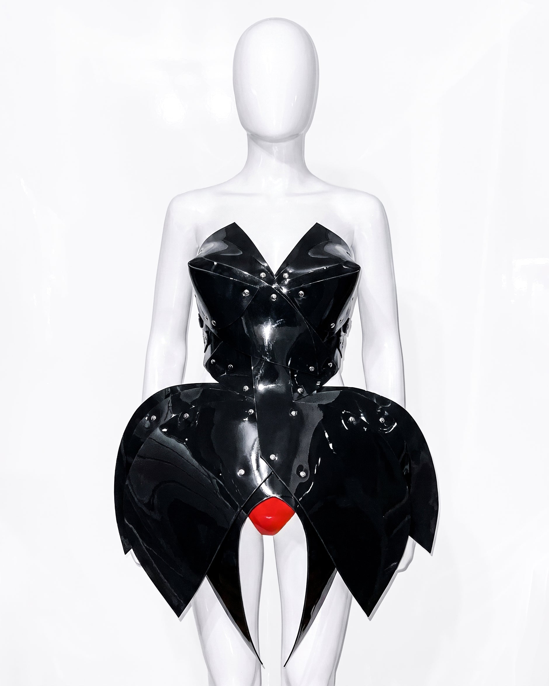 ATÉLIER JIVOMIR vegan vinyl luxury hand crafted crafted couture BACKLESS DRESS WEARABLE SCULPTURE black