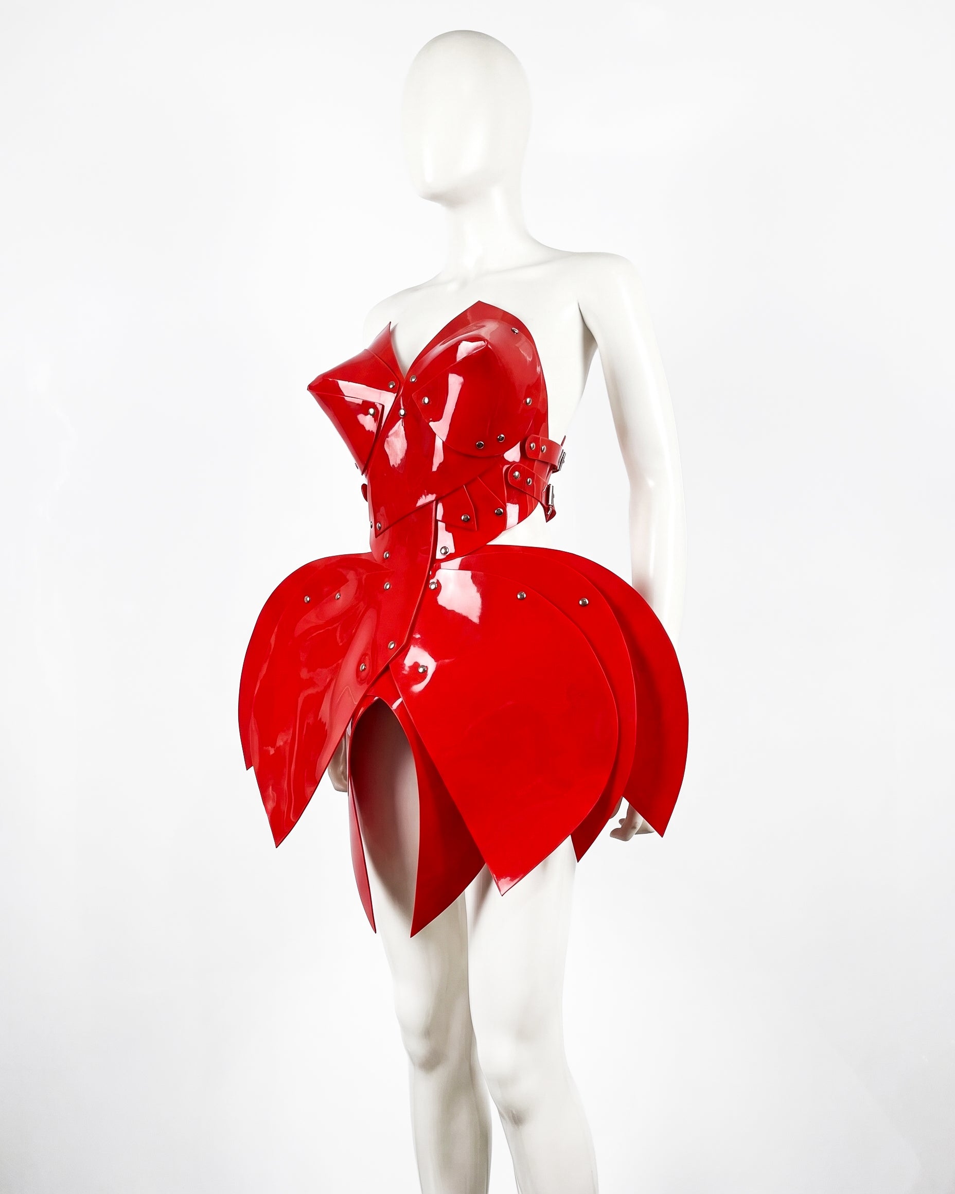 ATÉLIER JIVOMIR vegan vinyl luxury hand crafted crafted couture BACKLESS DRESS WEARABLE SCULPTURE RED on mannequin
