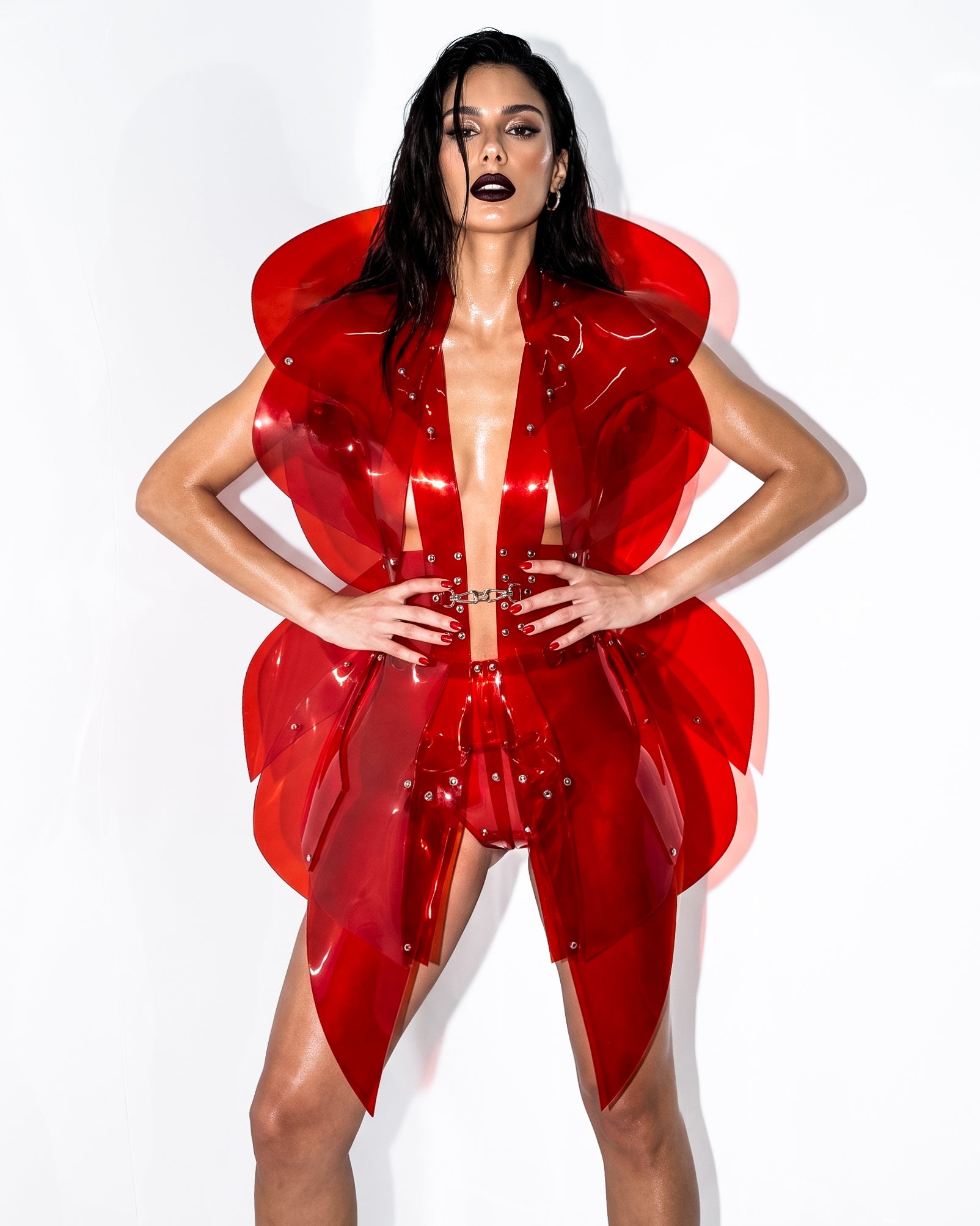 ATÉLIER JIVOMIR LUXURY SCULPTURE VINYL FASHION GALAXY DRESS TRANSPARENT RED