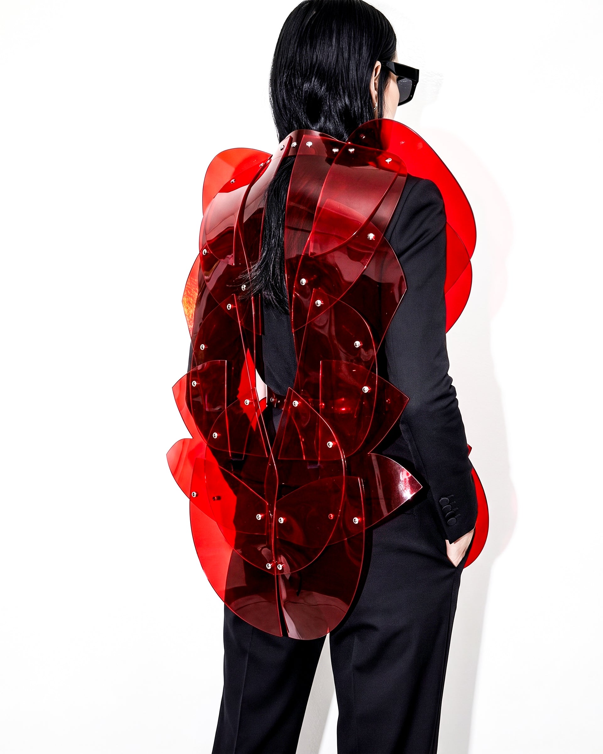 ATÉLIER JIVOMIR LUXURY SCULPTURE VINYL FASHION GALAXY DRESS TRANSPARENT RED