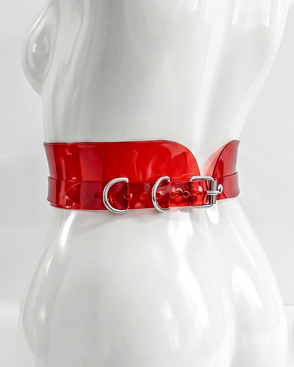 ATÉLIER JIVOMIR JULIEN MCDONALD SLIM CINCH BELT VEGAN VINYL LUXURY LATEX LONDON FASHION WEEK ACCESSORIES HAND CRAFTED LUX RED TRANSPARENT