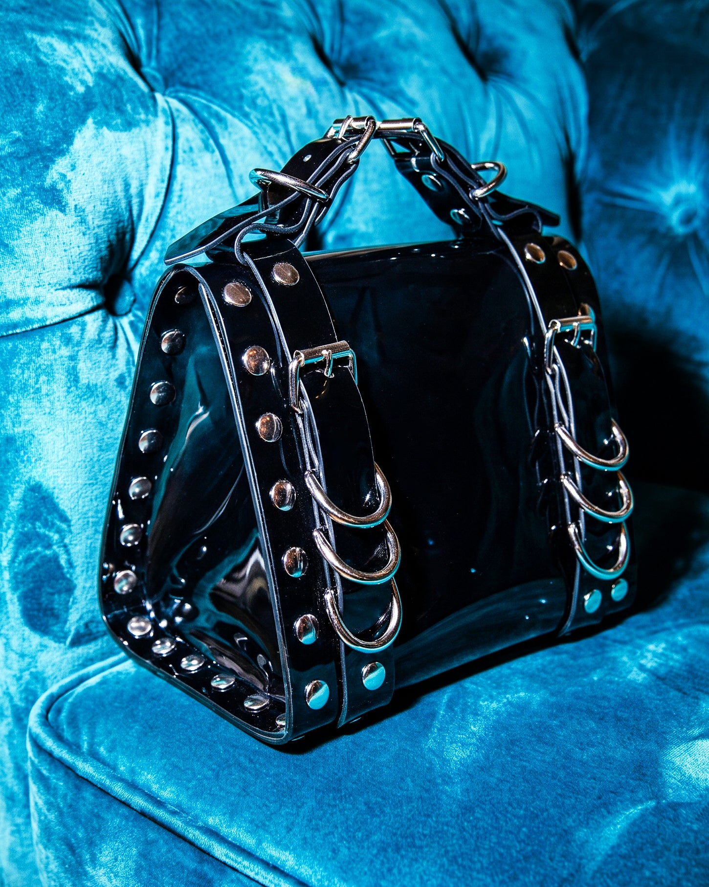 LUXURY VEGAN VINYL PVC HANDBAG PURSE STUDDED COLLECTIBLE HAND CRAFTED STUDDED ATÉLIER JIVOMIR BLACK LOVE VELVET