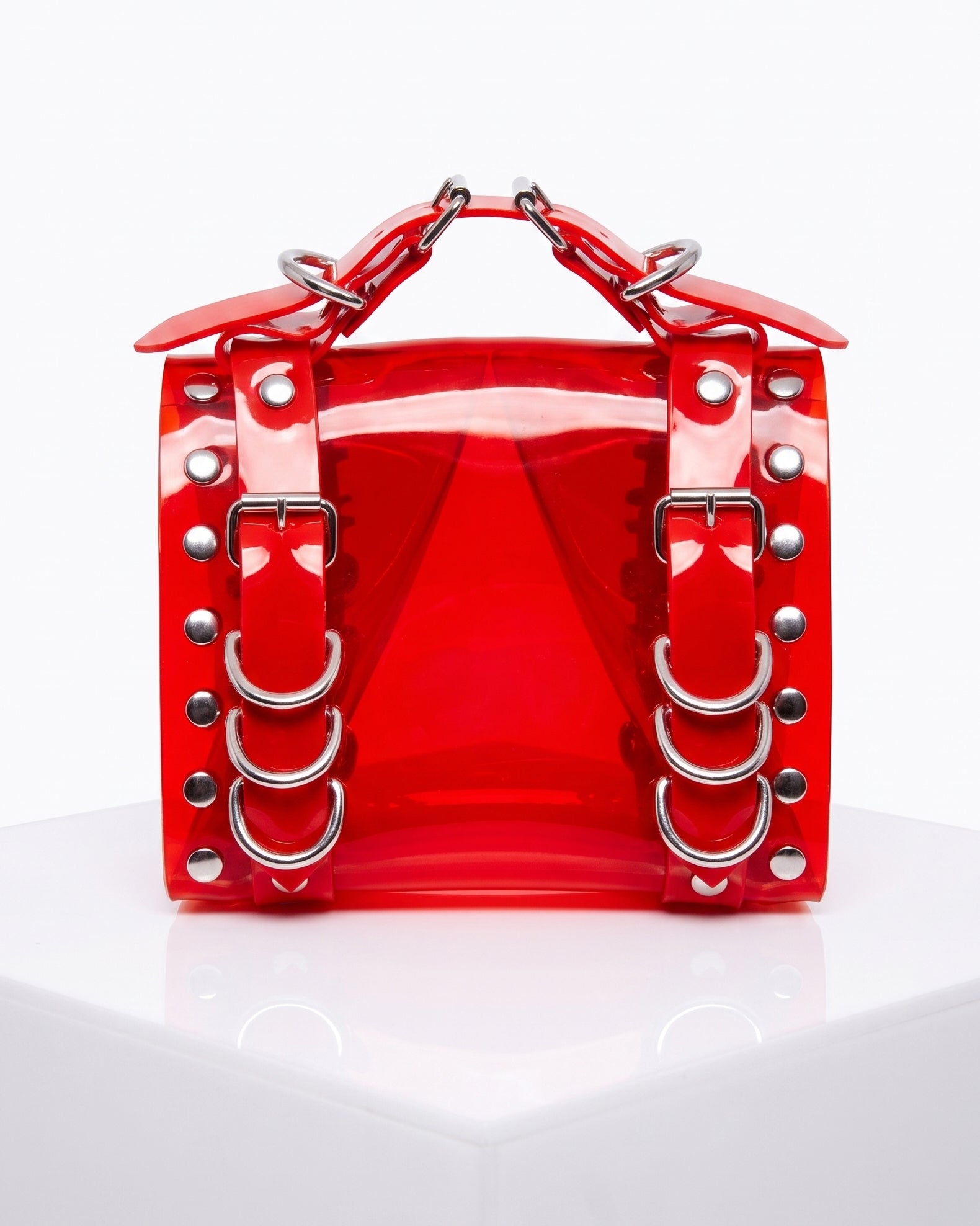 LUXURY VEGAN VINYL PVC HANDBAG PURSE STUDDED COLLECTIBLE HAND CRAFTED STUDDED ATÉLIER JIVOMIR RED TRANSARENT