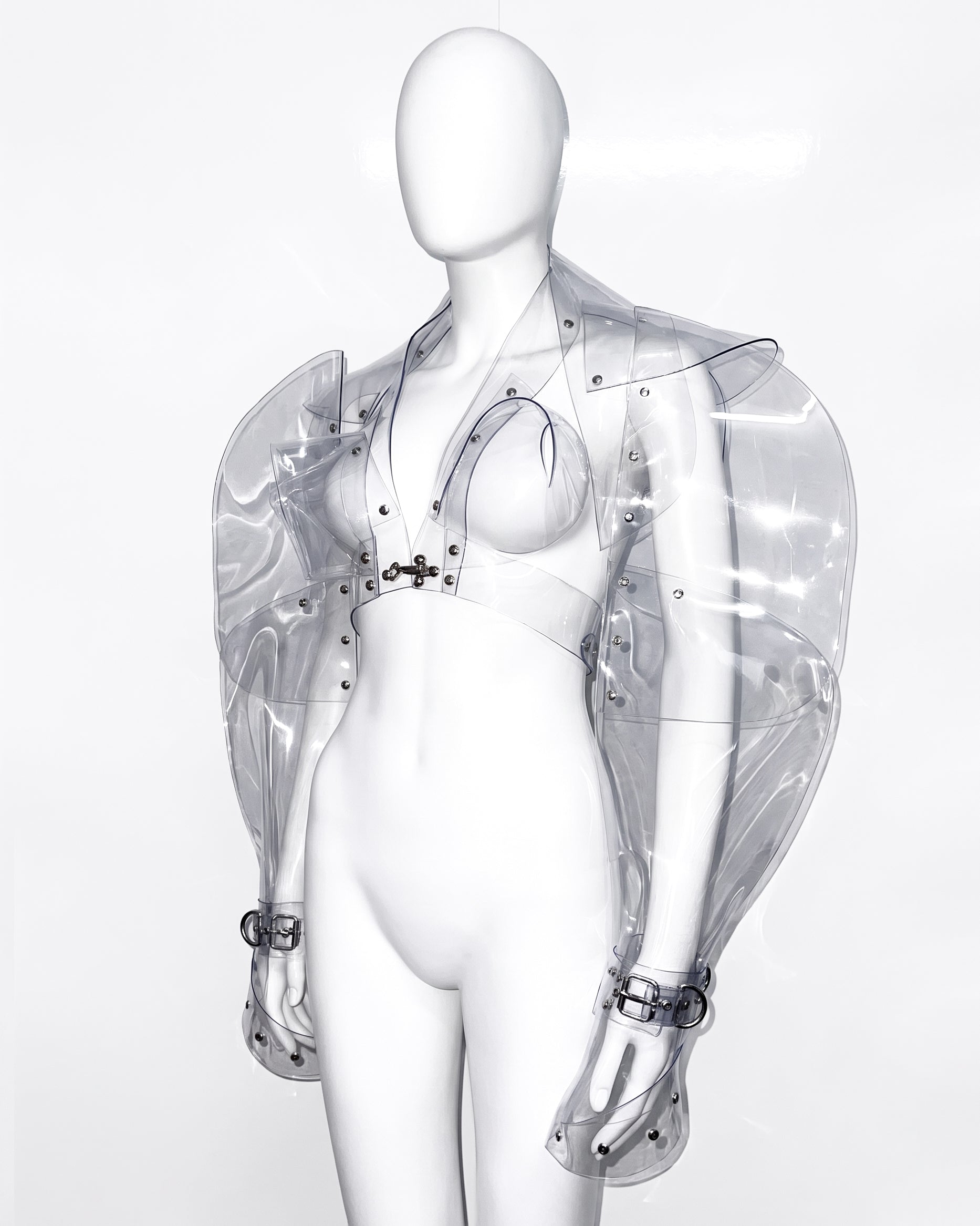 ATÉLIER JIVOMIR LUXURY VEGAN VINYL WEARABLE SCULPTURE BIG SLEEVE JACKET TRANSPARENT CLEAR KINK FASHION TRENCH STYLING