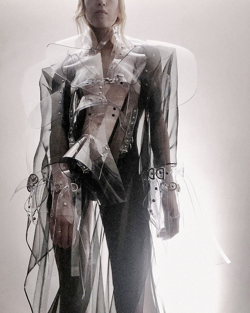ATÉLIER JIVOMIR LUXURY VEGAN VINYL WEARABLE SCULPTURE BIG SLEEVE JACKET TRANSPARENT CLEAR KINK FASHION TRENCH STYLING