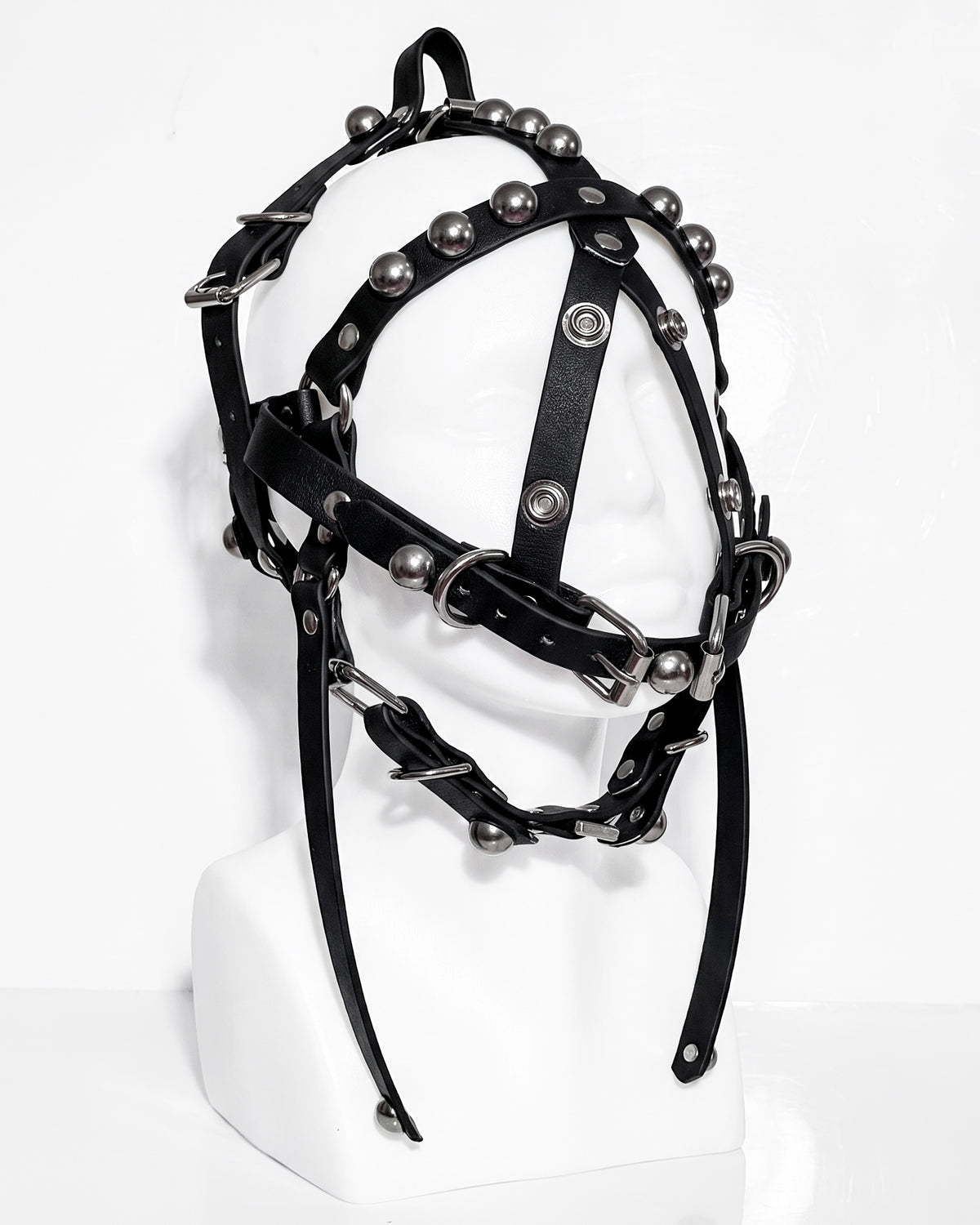 ATÉIER JIVOMIR MASK HEADPIECE FACE HARNESS STUDED LUXURY FASHION KINK ACCESSORY BLACK STILL LIFE