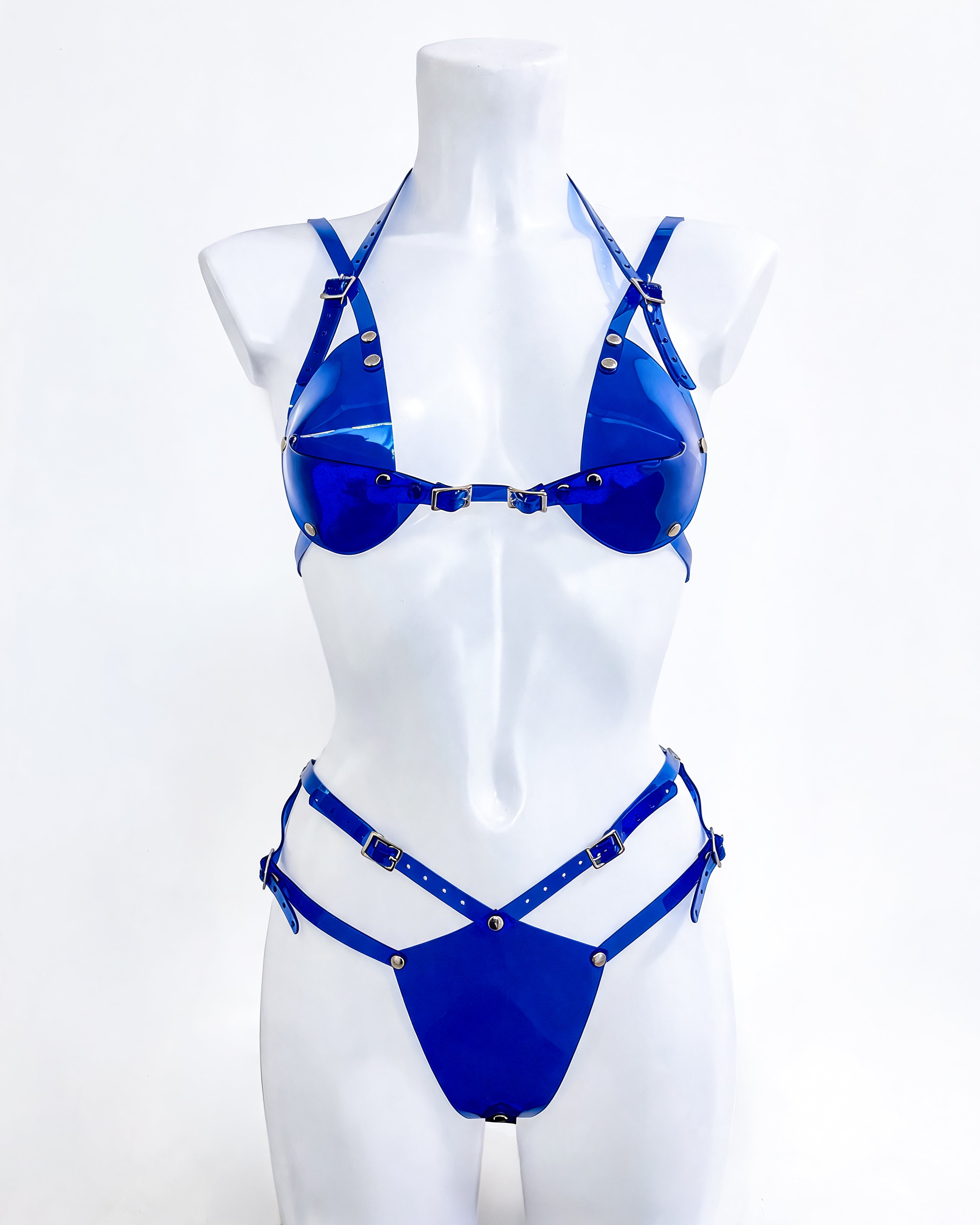 ATÉLIER JIVOMIR ONE FOR THE BRAVE SET VEGAN VINYL LUXURY LINGERIE LATEX INTIMATES BODY JEWELLERY BLUE CLEAR
