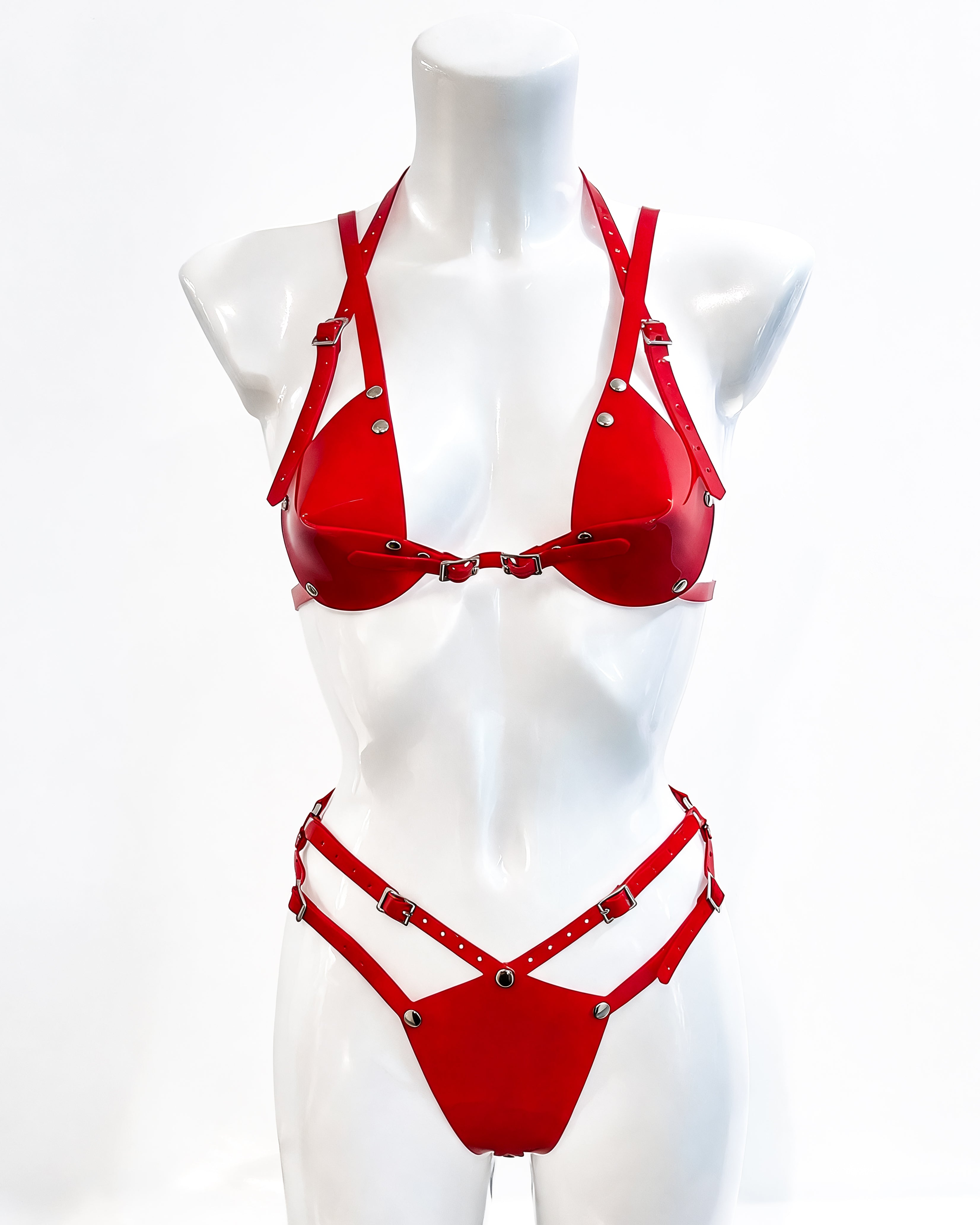 ATÉLIER JIVOMIR ONE FOR THE BRAVE SET VEGAN VINYL LUXURY LINGERIE LATEX INTIMATES BODY JEWELLERY RED