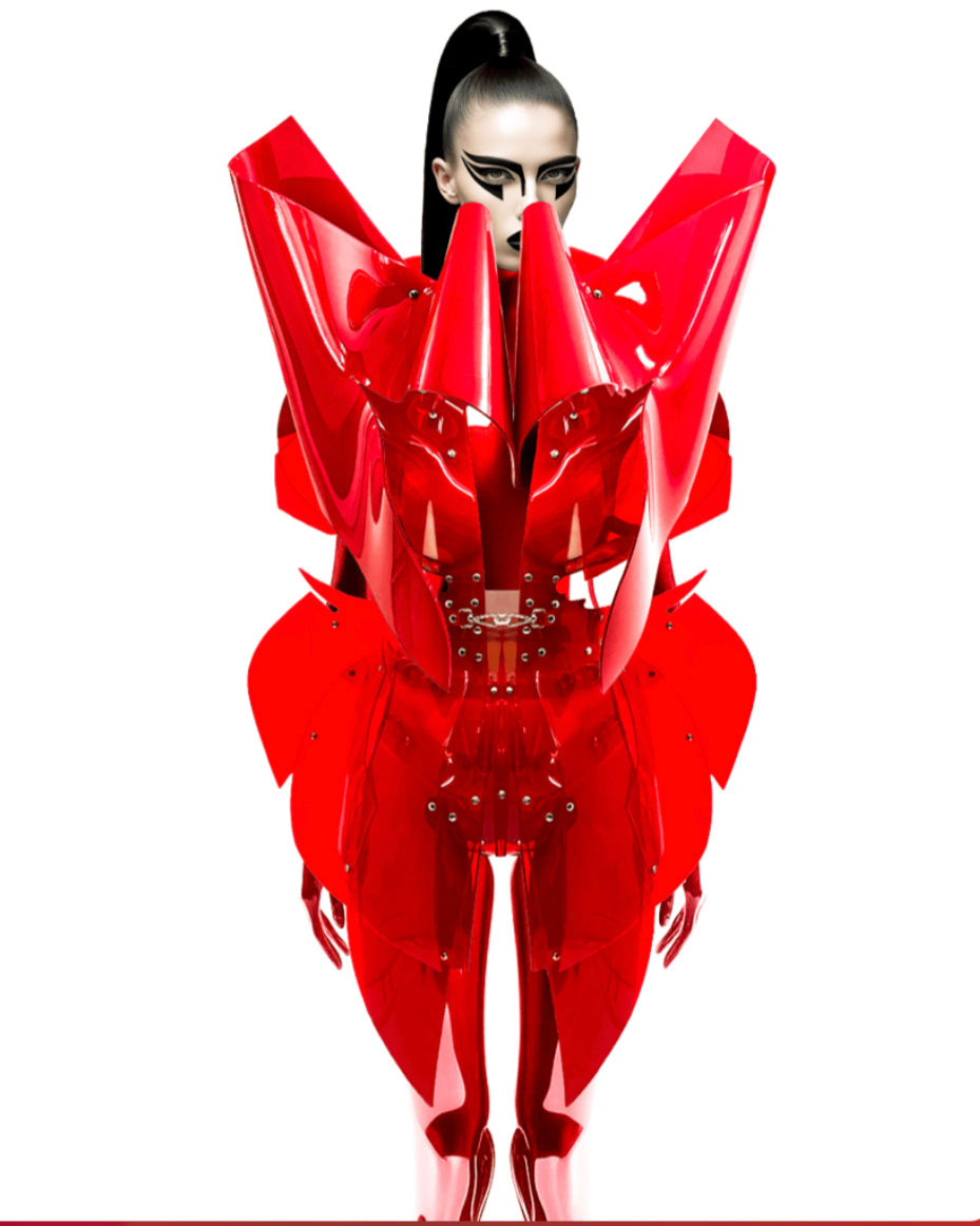 ATÉLIER JIVOMIR vegan fashion future sculpture design cosplay superhero love robot luxury shoulder pads kink RED STYLED OVER DRESS