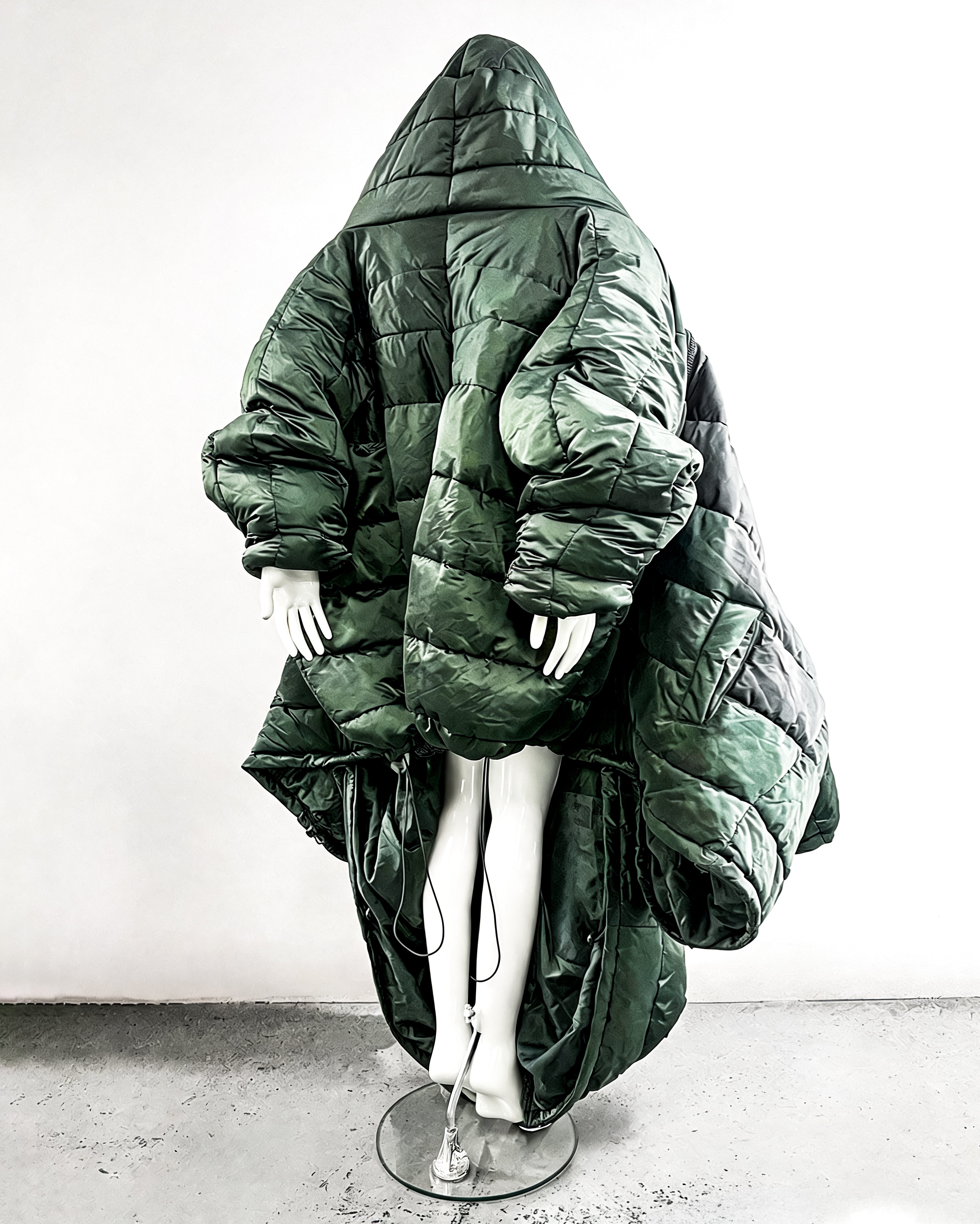 Green Shape PUF Reimagined luxury avant garde Coat repurposed wearable sculpture puffer coat by ATÉLIER JIVOMIR back